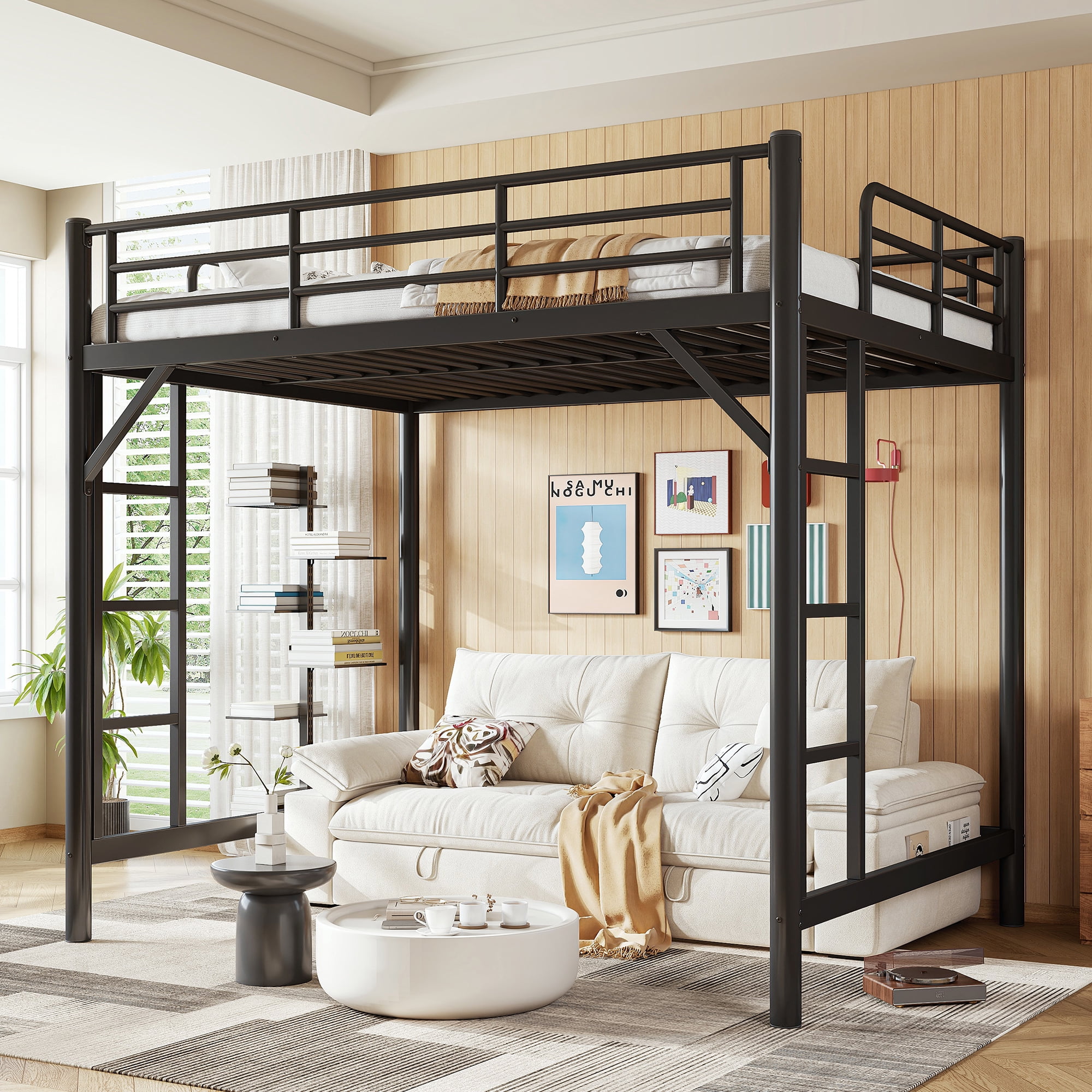Mintazer Full Metal Loft Bed Frame with Side Ladders & Guardrails for Teens Adults, No Box Spring Needed, Black
