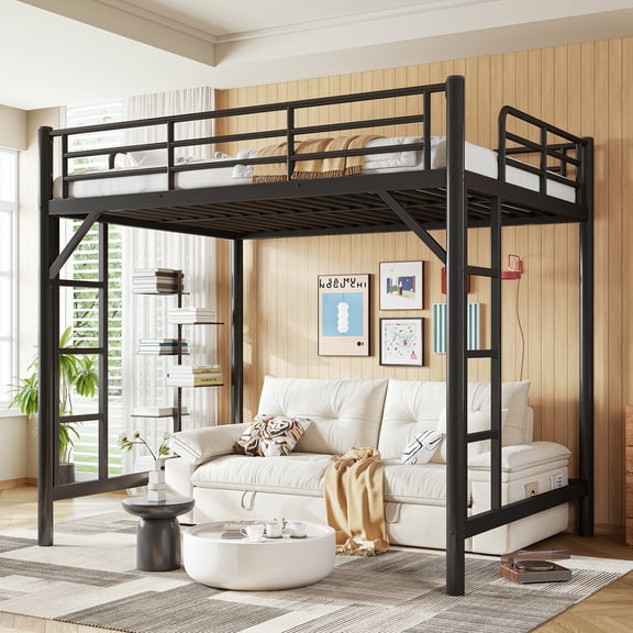 Mintazer Full Metal Loft Bed Frame with Side Ladders & Guardrails for Teens Adults, No Box Spring Needed, Black