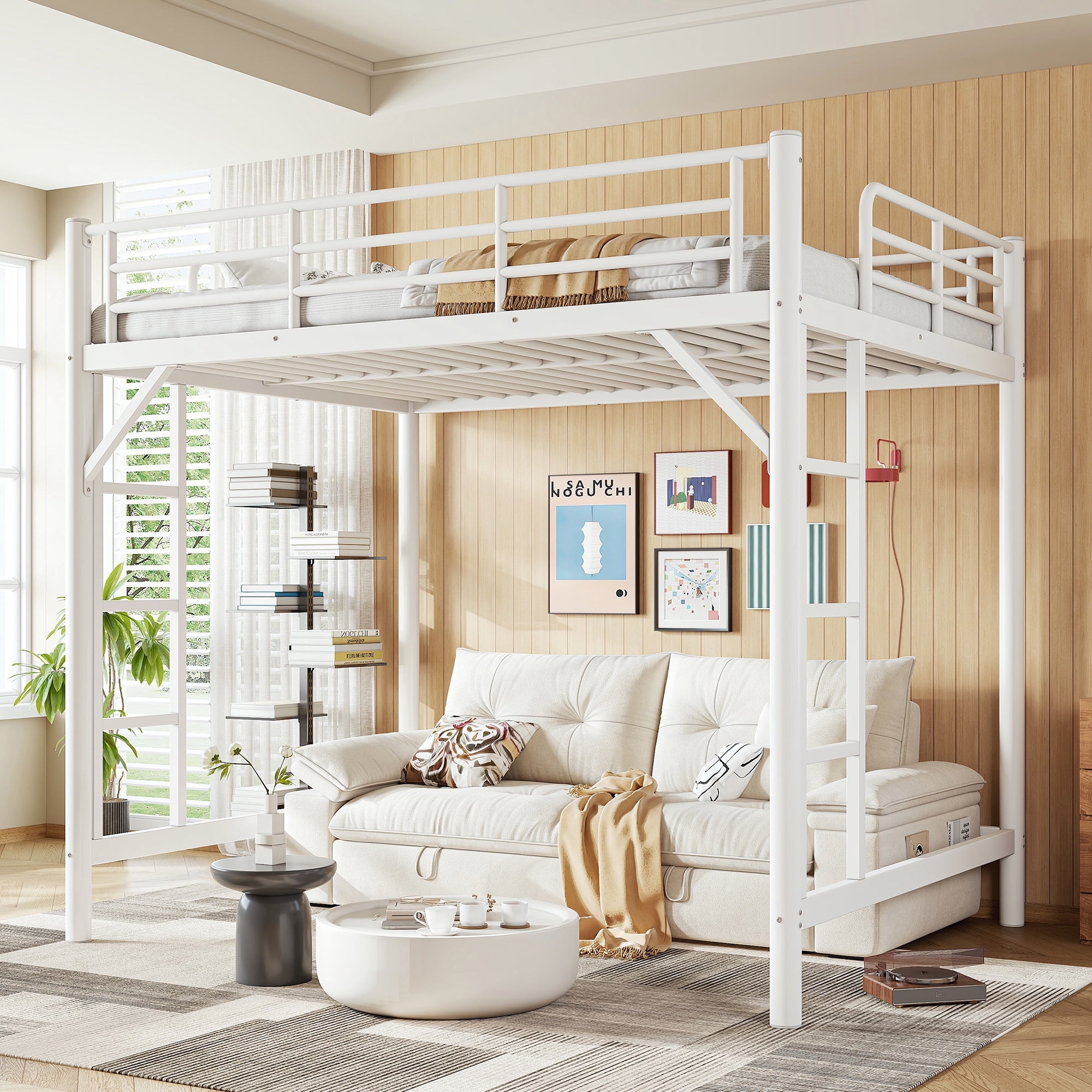 Mintazer Full Metal Loft Bed Frame with Side Ladders & Guardrails for Teens Adults, No Box Spring Needed, White