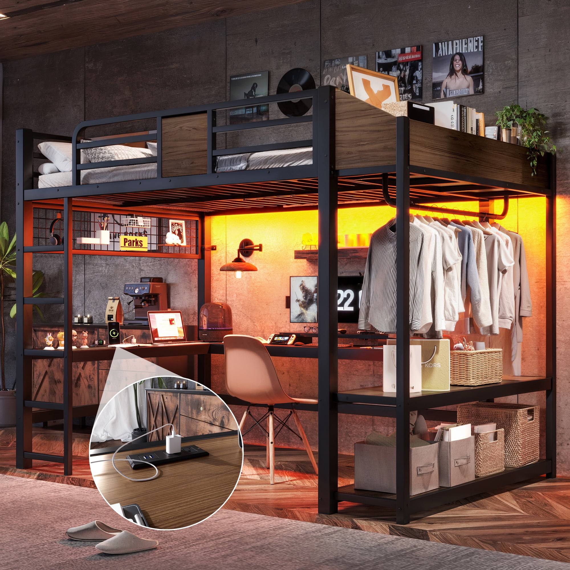 Mintazer Full Metal Loft Bed with L-Shaped Desk & LED Light Strip, Loft Bed Frame with Charging Station and Clothes Hanging Rod & Storage Shelves for Teen Adult Small Apartment Dorm, Black & Walnut