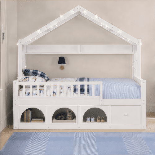 Mintazer Full Montessori Floor Bed with LED Lights & Bookshelf, Kids House Floor Bed with 3 Arched Cubbies & Drawer and Guardrail for Boys Girls Bedroom Playroom, White