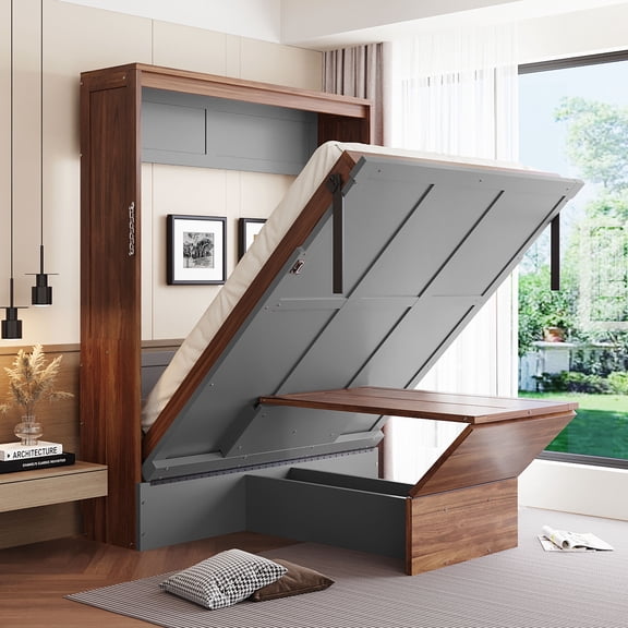 Mintazer Full Murphy Bed with Foldable Computer Desk, Convertible Wall Platform Bed for Bedroom Home Offices, Walnut & Gray