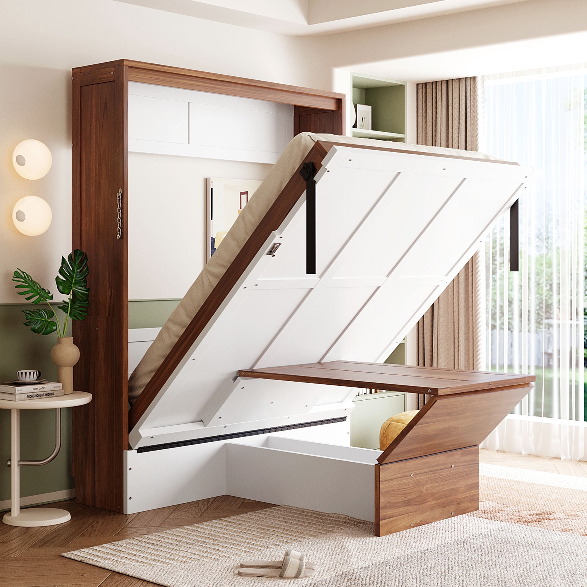 Mintazer Full Murphy Bed with Foldable Computer Desk, Convertible Wall Platform Bed for Bedroom Home Offices, Walnut & White
