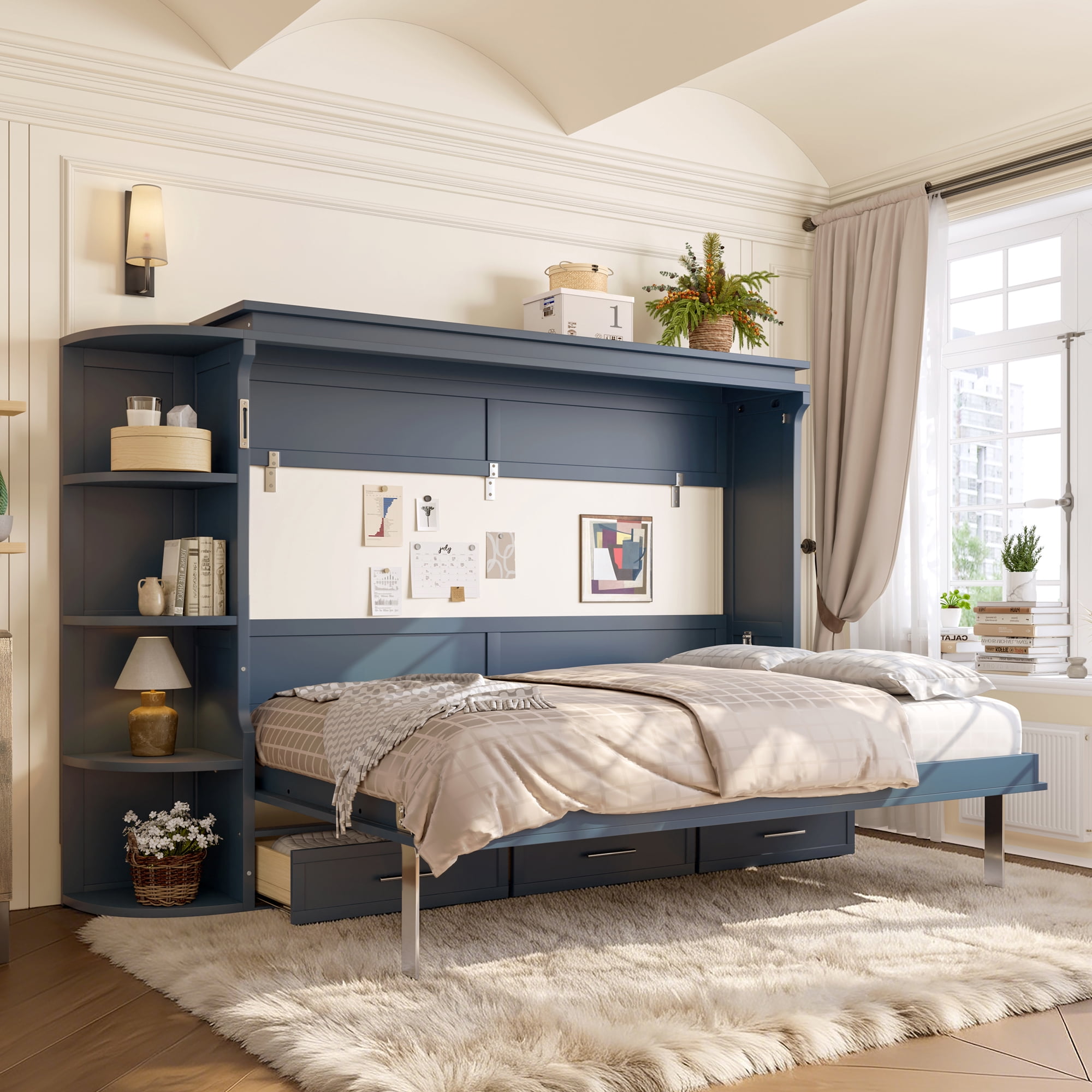 Mintazer Full Murphy Bed with Side Cabinets & 3 Drawers, Wall Foldable Bed with Storage for Bedroom Guest Room Home Office, Blue