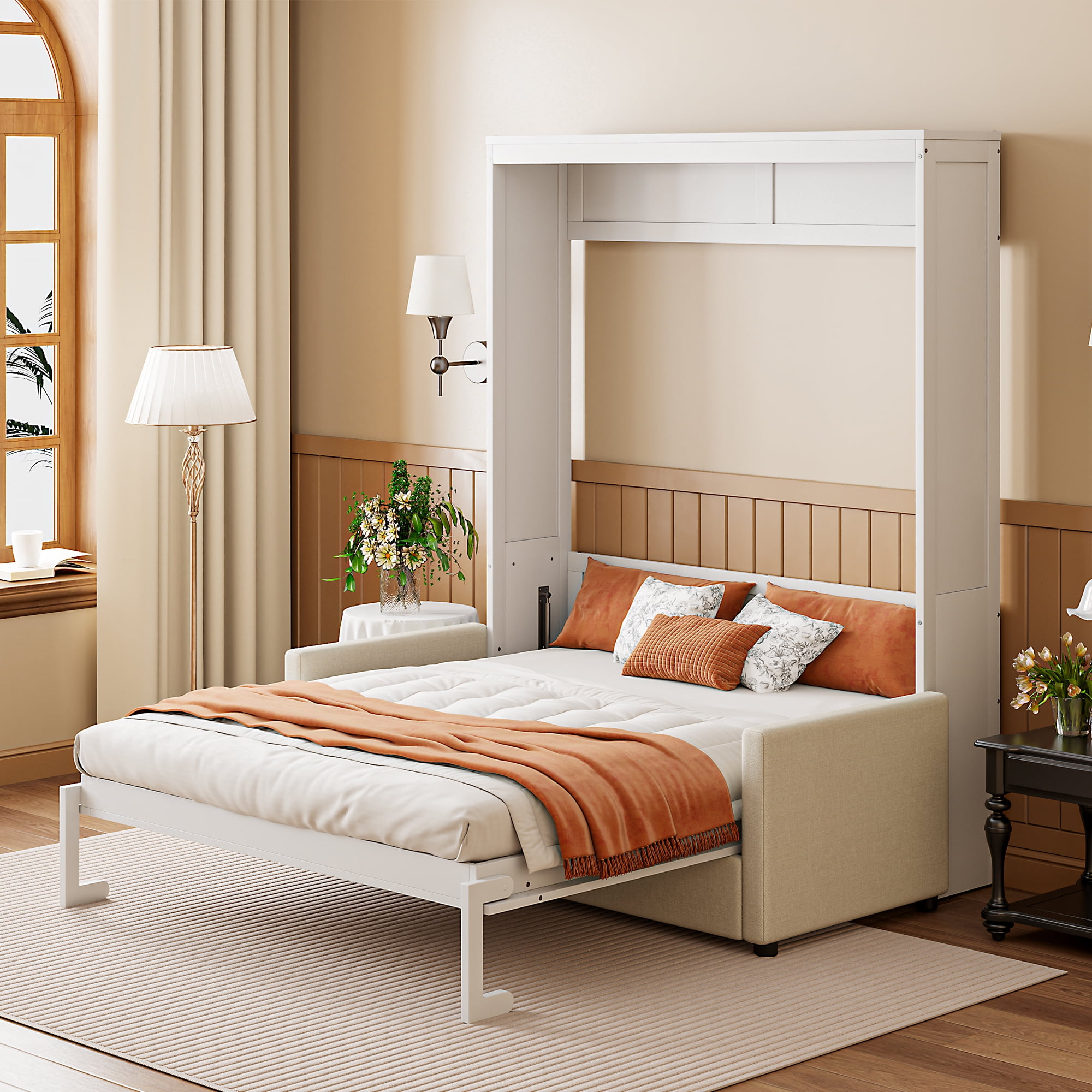 Mintazer Full Murphy Bed with Sofa, Modern Foldable Wall Bed for Bedroom Apartment Guest Room, White