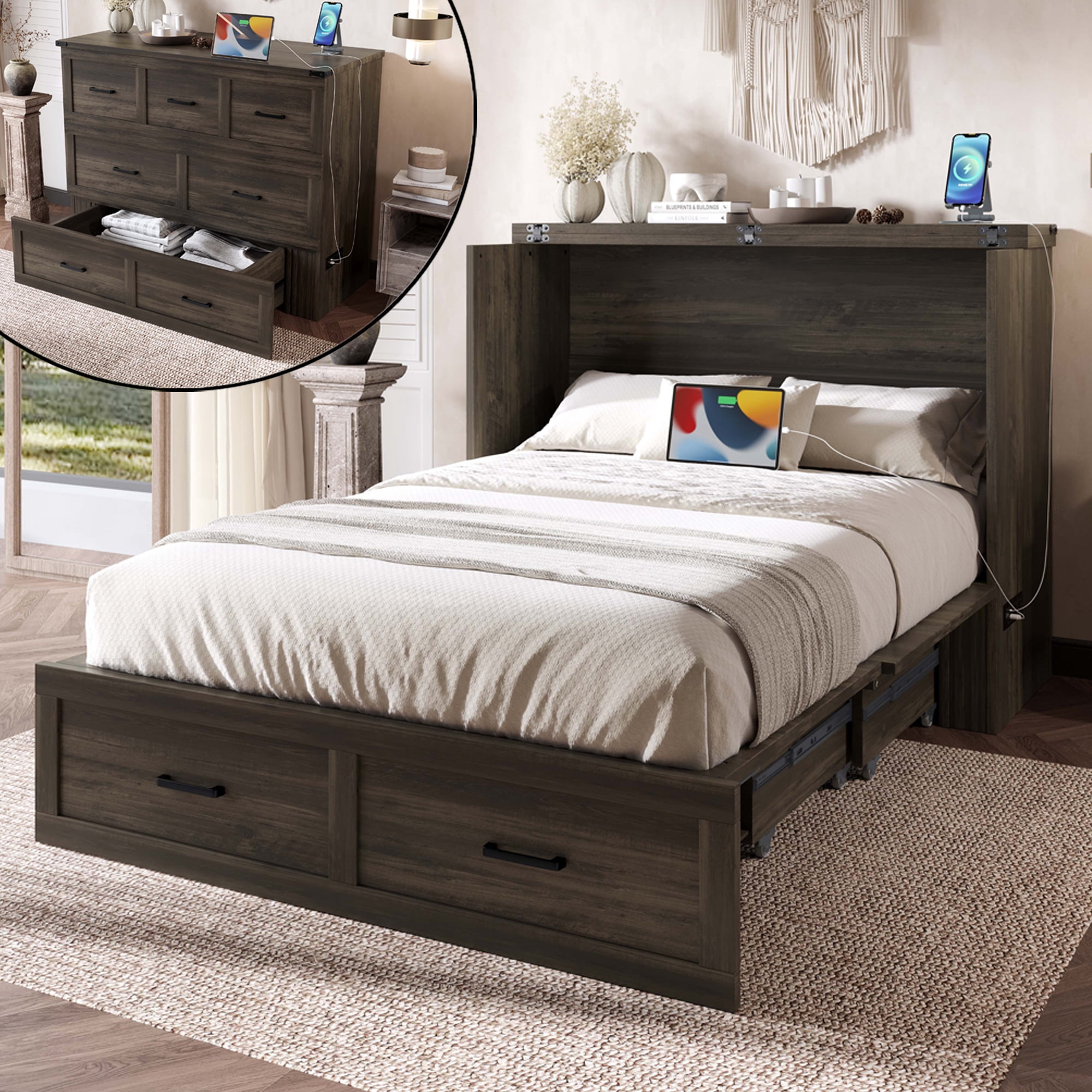 Mintazer Full Murphy Cabinet Bed with Charging Station & Large Storage Drawer, MultiFunctional Foldable Platform Bed for Guest Room Bedroom, Brown
