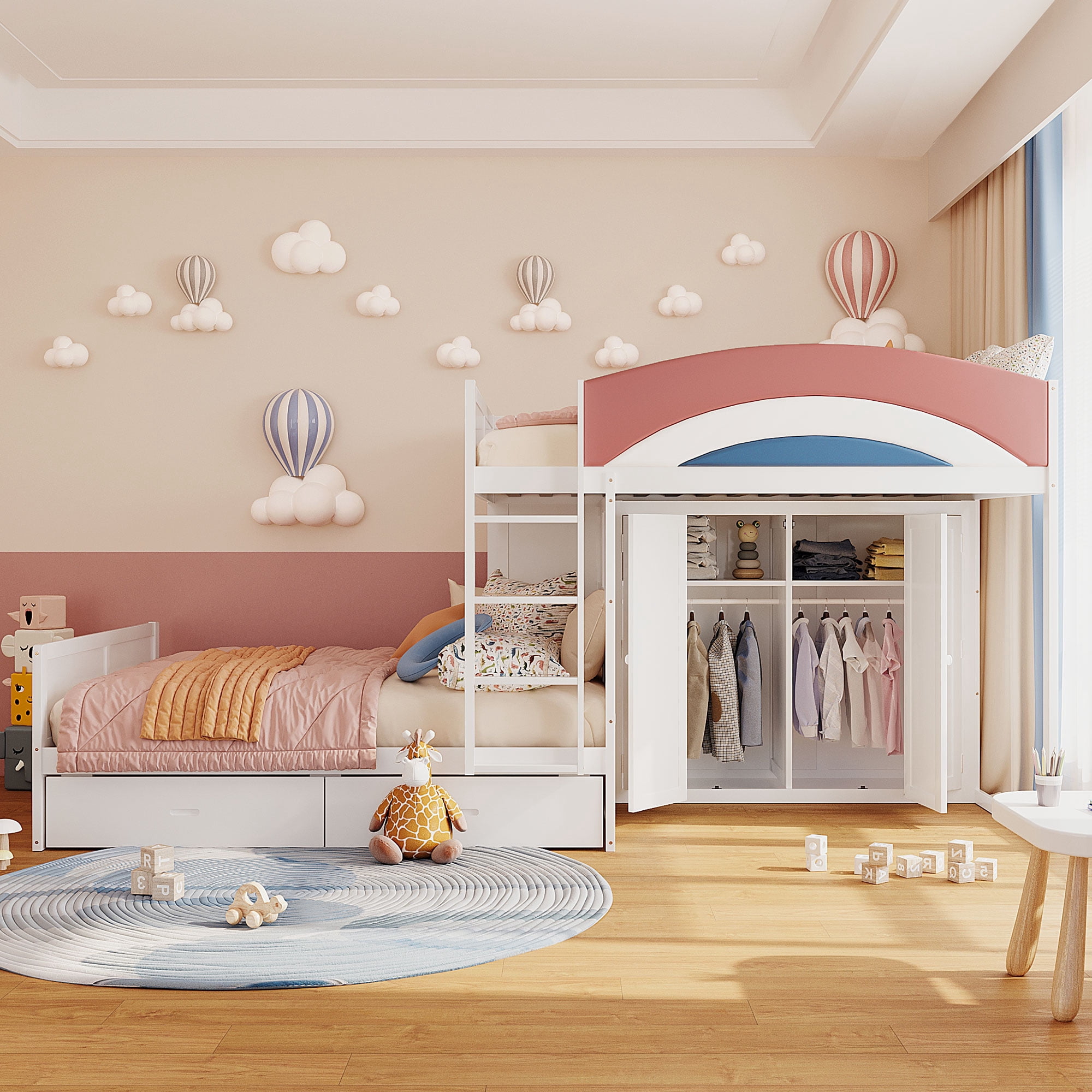 Mintazer Full Over Full Bunk Bed with Wardrobe & 2 Drawers, Modern Platform Bed with Rainbow Guardrail for Kids Bedroom, White
