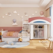 Mintazer Full Over Full Bunk Bed with Wardrobe & 2 Drawers, Platform Bed with Rainbow Guardrail for Kids Bedroom, White