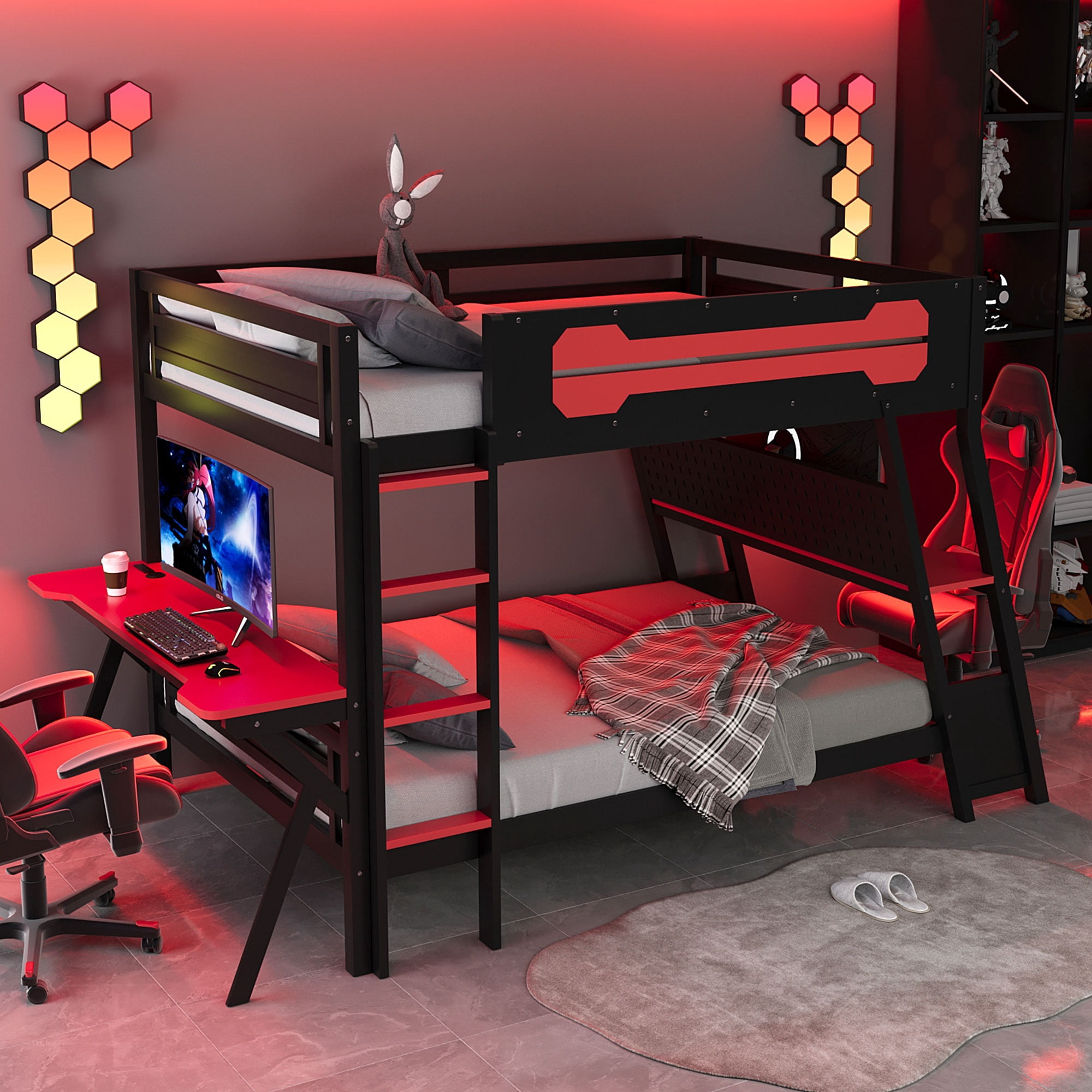 Mintazer Full Over Twin Gaming Bunk Bed with Dual Desks, E-Sport Bunk Bed with USB Desktop Ports & Pegboard Storage for Bedrooms Dorm, Red