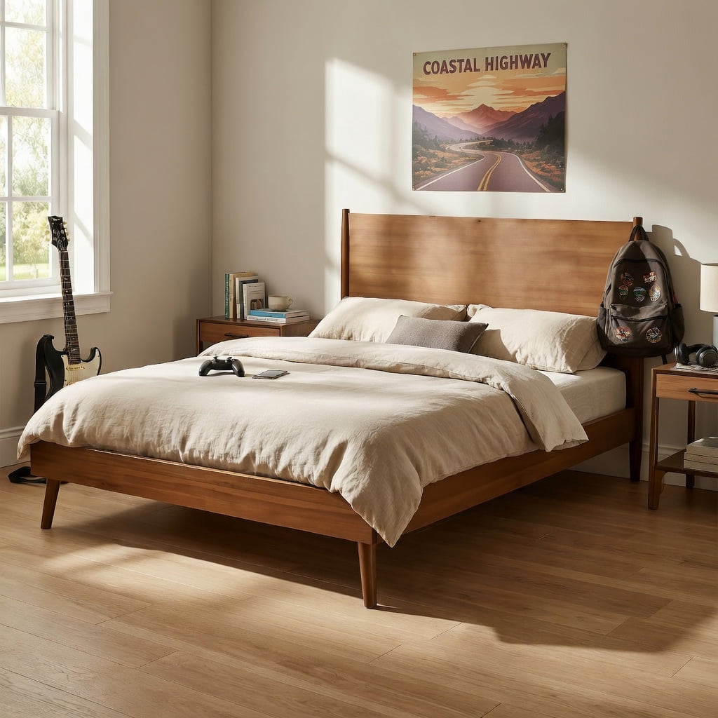 Mintazer Full Platform Bed Frame, Mid-Century Bed with Panel Headboard & Splayed Legs, No Box Spring Required, Natural