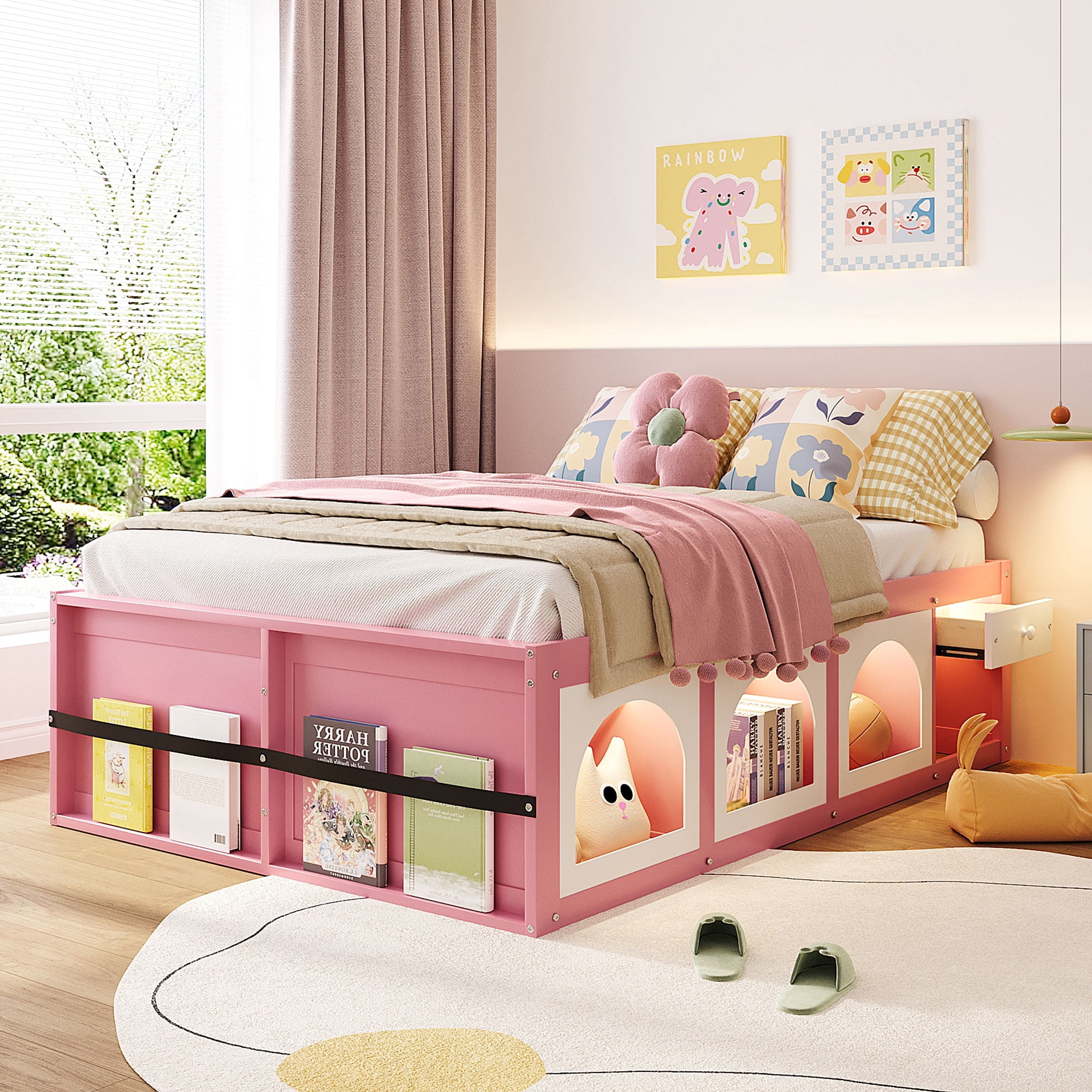 Mintazer Full Platform Bed with Bookshelf and 3 Open Cubbies & Drawer, Wooden Bed Frame with LED Light for Kids Bedroom, Pink & White