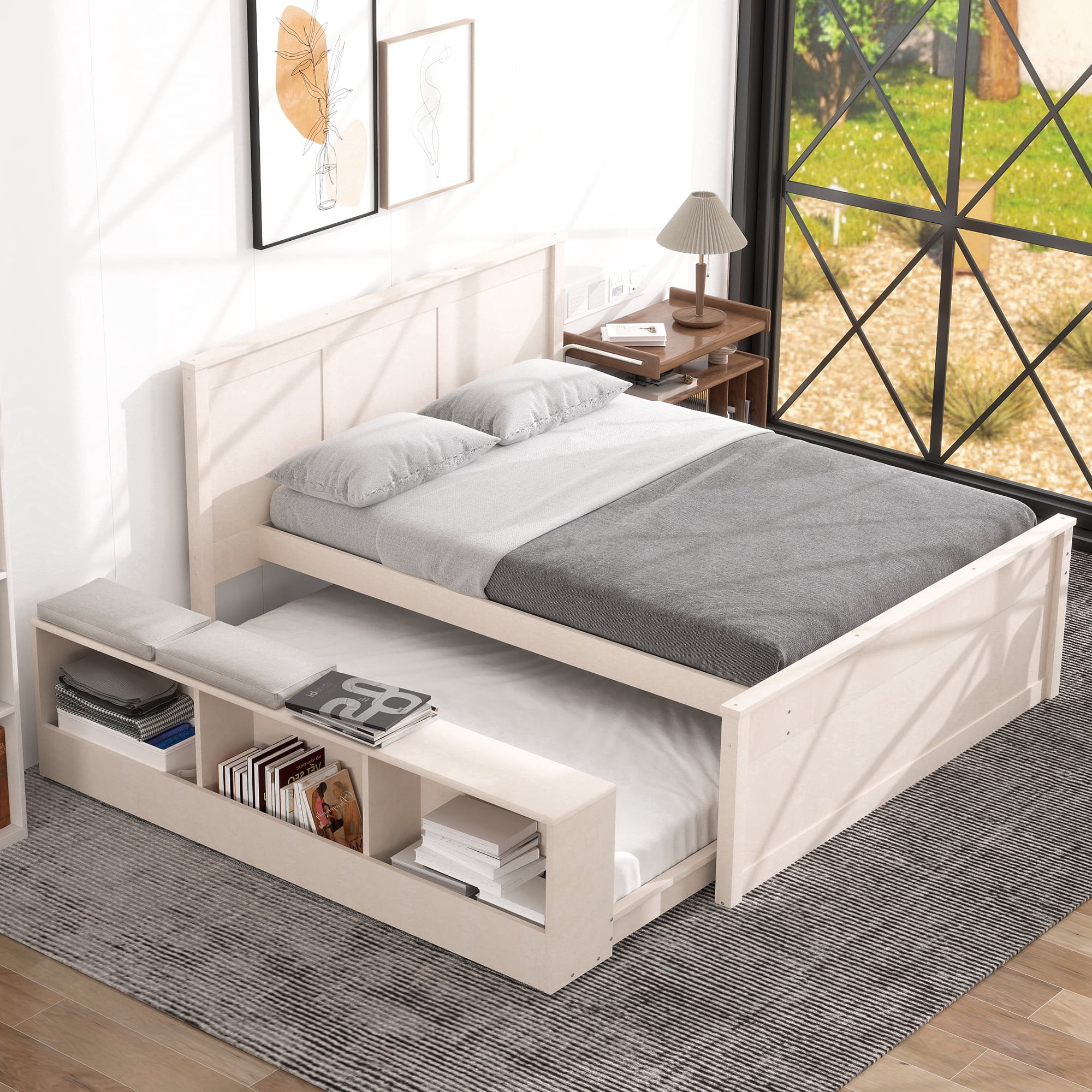 Mintazer Full Platform Bed with Pull-Out Trundle, Modern Bookcase Bed with Storage Cabinet, No Box Spring Needed, White