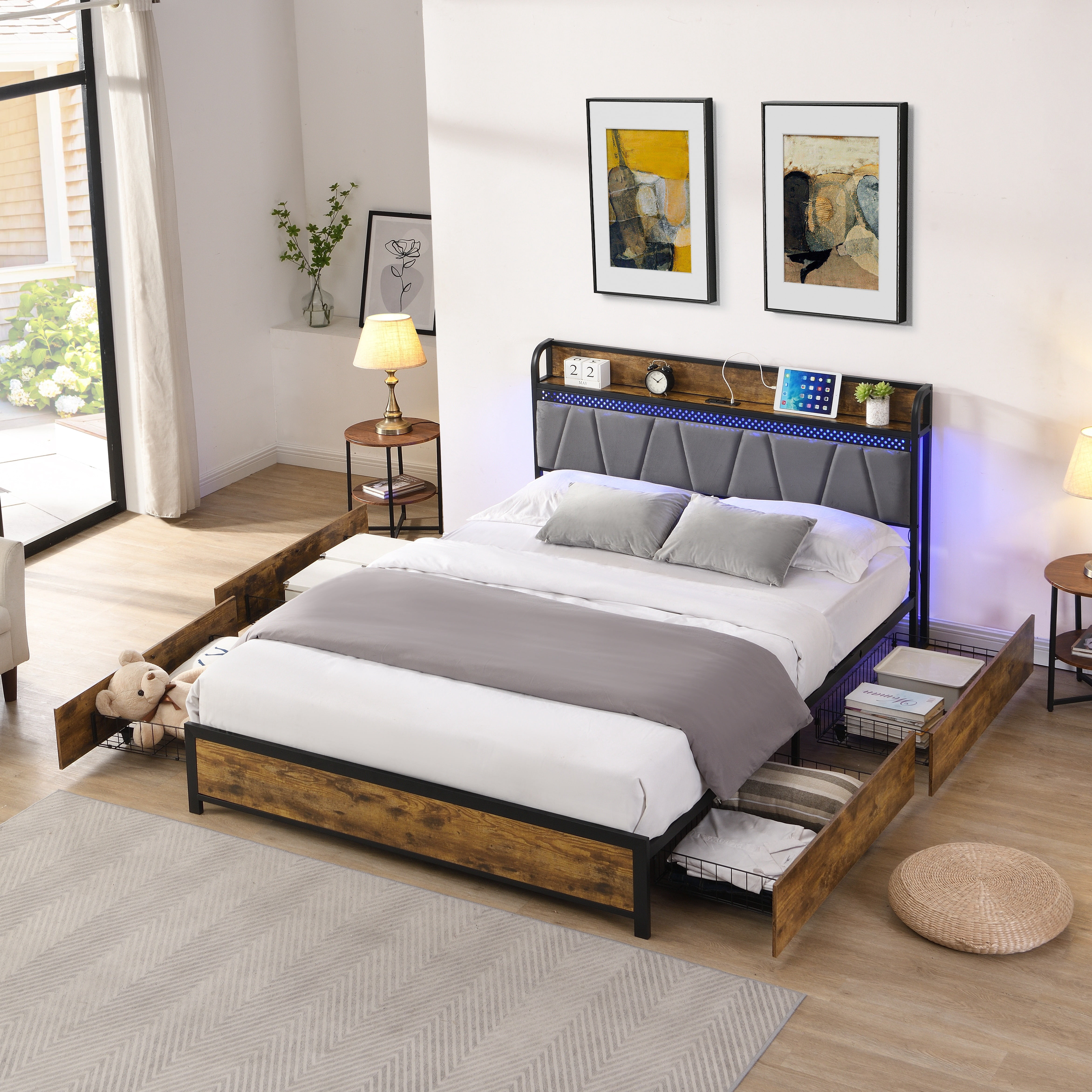 Mintazer Full Size Bed Frame with Charging Station and LED Lights, Industrial Platform Bed with 4 Storage Drawers, Rustic Brown