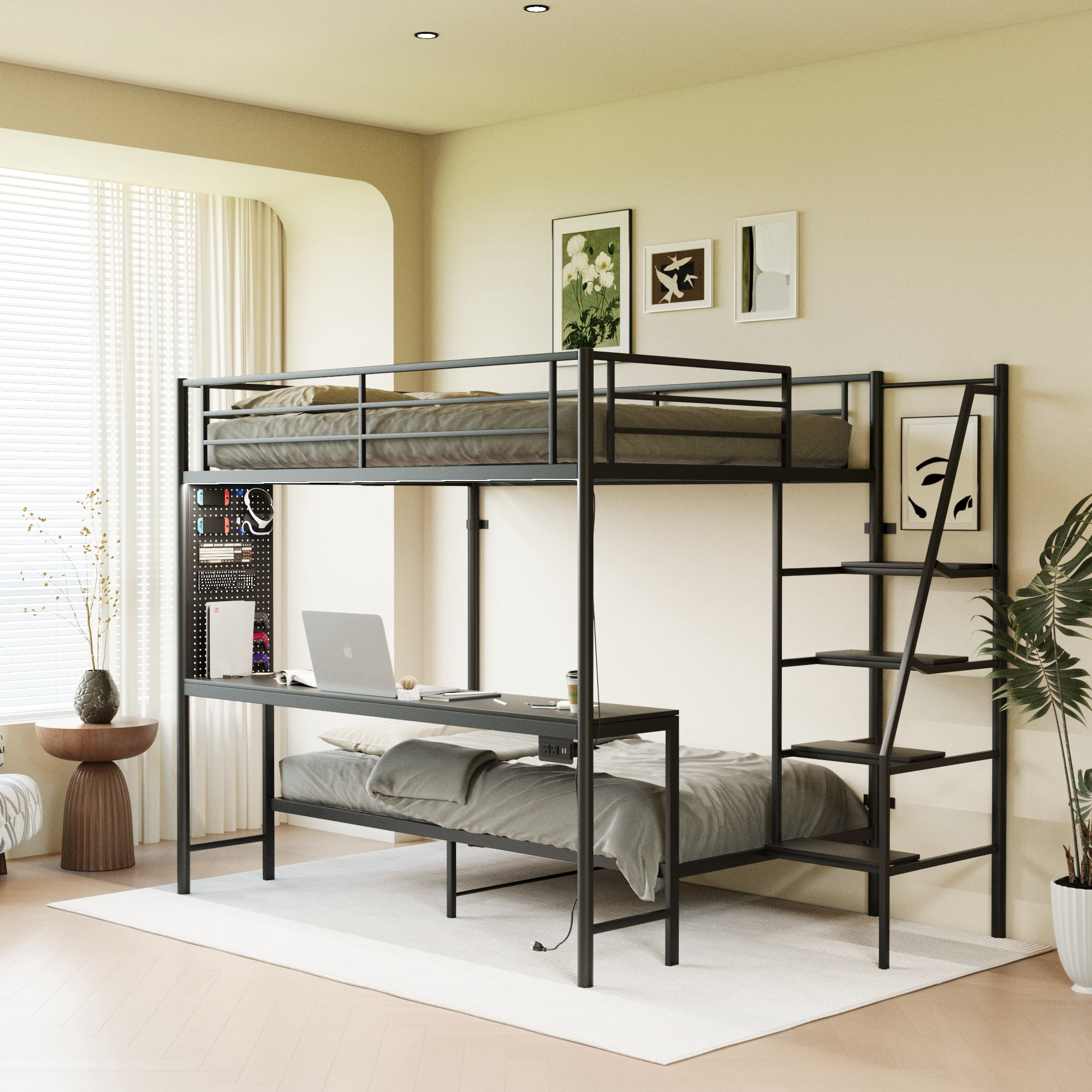 Mintazer Full Size Bunk Bed with Desk & Charging Station and LED Lights