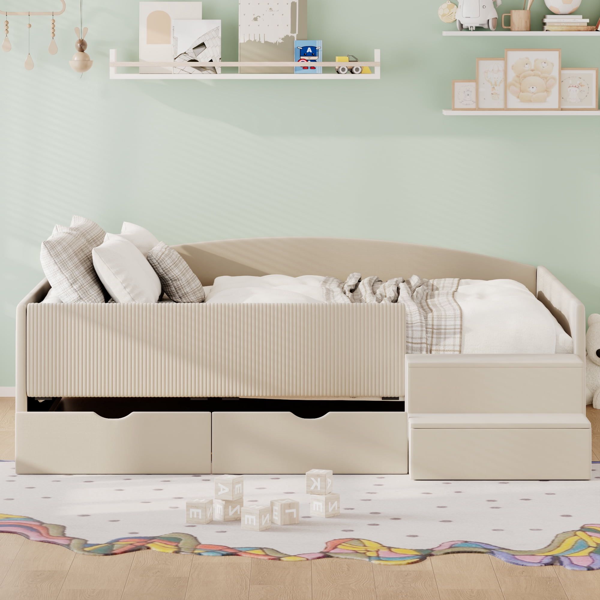 Mintazer Full Size Cute Upholstered Floor Daybed Frame with Safety Guardrail & 2 Storage Drawers & Stairs for Teens Kids, Beige
