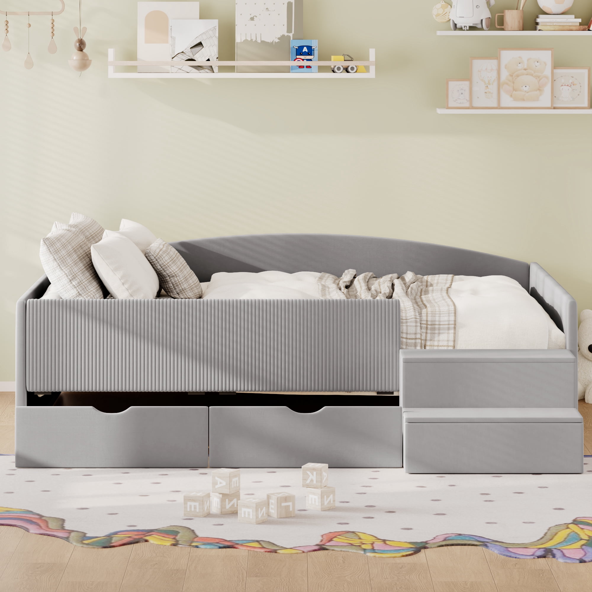 Mintazer Full Size Cute Upholstered Floor Daybed Frame with Safety Guardrail & 2 Storage Drawers & Stairs for Teens Kids, Gray