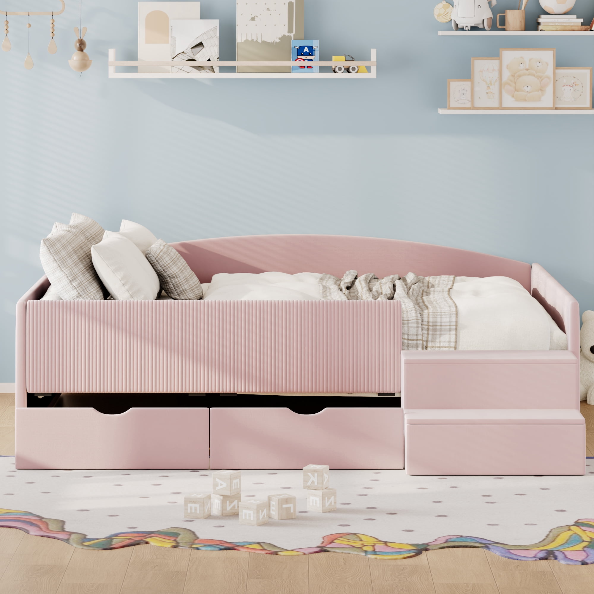 Mintazer Full Size Cute Upholstered Floor Daybed Frame with Safety Guardrail & 2 Storage Drawers & Stairs for Teens Kids, Pink
