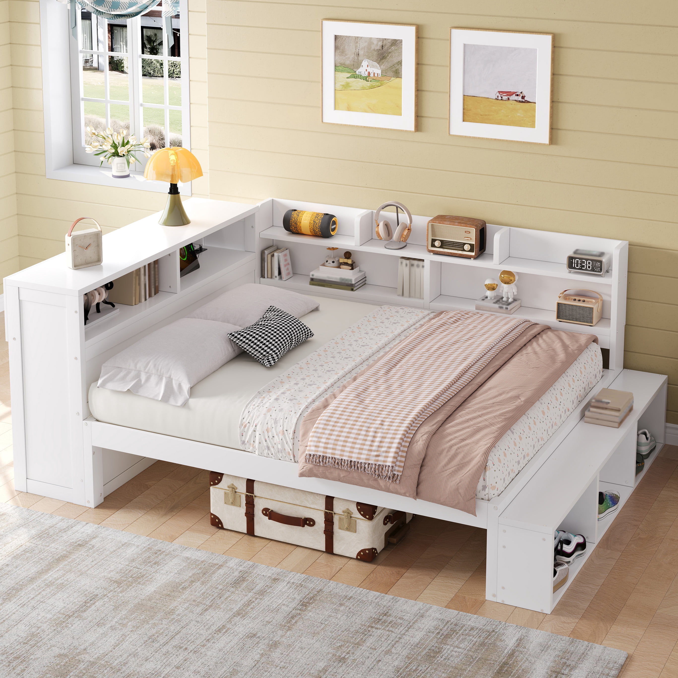 Mintazer Full Size Daybed with Storage Cabinets & Charging Station, Platform Bed Frame with Shoe Rack, White