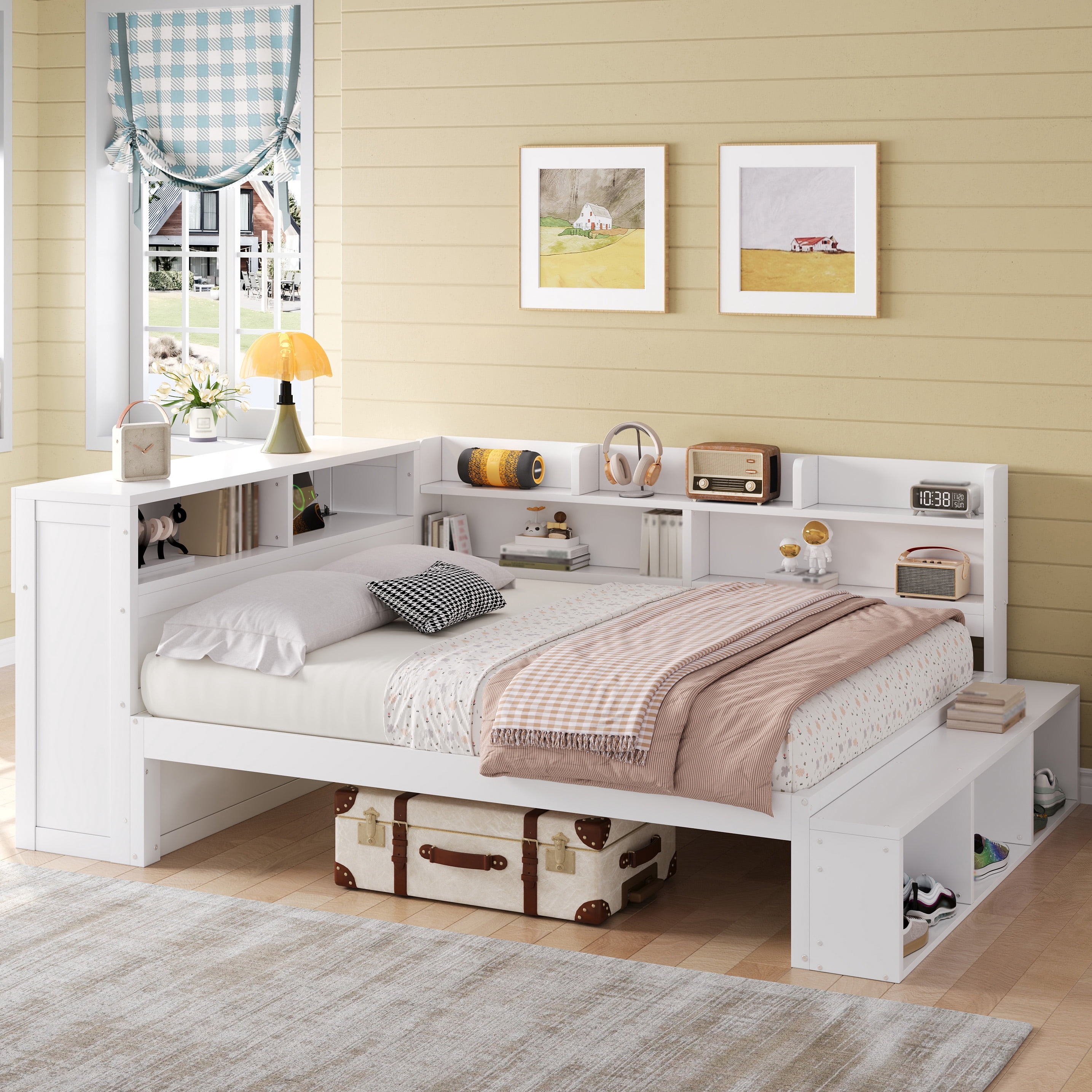 Mintazer Full Size Daybed with Storage Cabinets & Charging Station, Platform Bed Frame with Shoe Rack, White