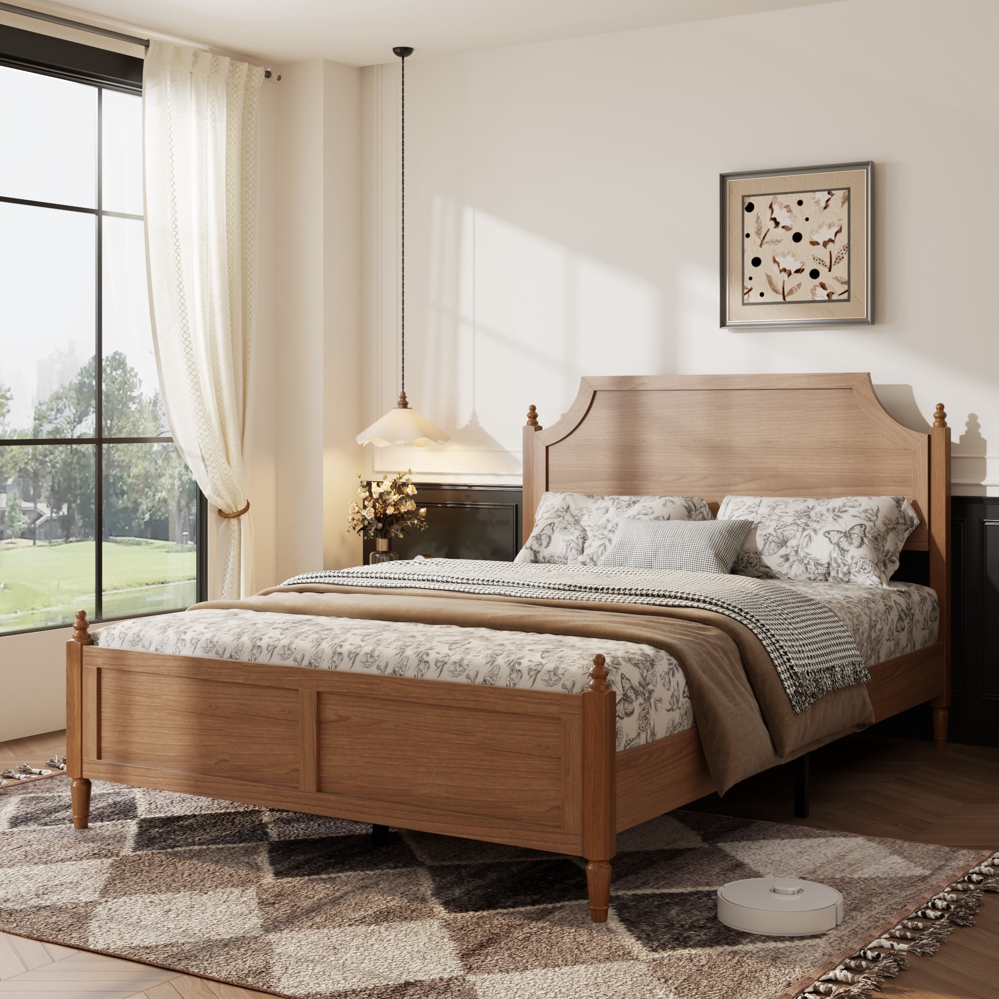Mintazer Full Size Farmhouse Curved Platform Bed Frame with Headboard & Footboard for Guest Master Bedroom, No Box Spring Needed, Walnut Brown