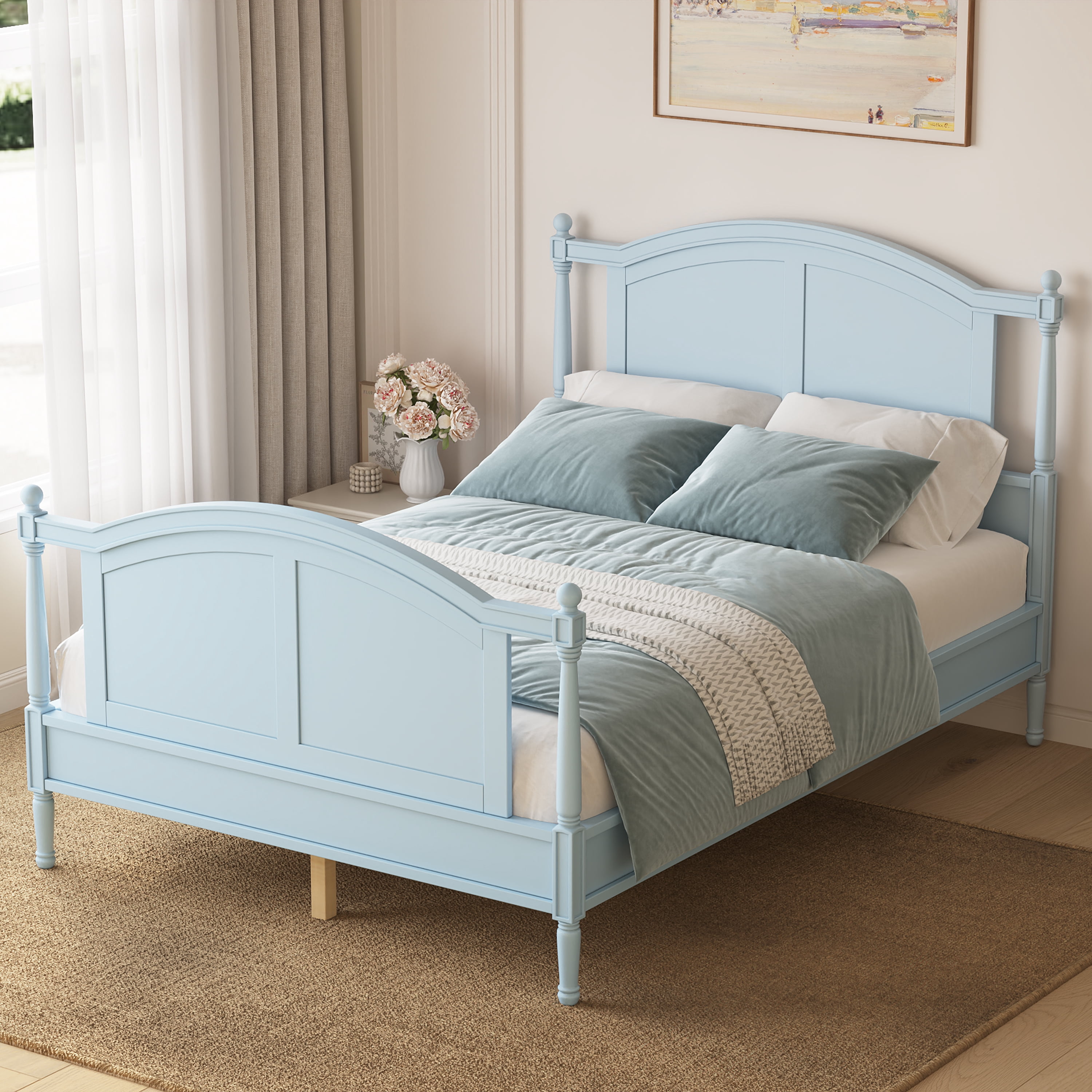 Mintazer Full Size Farmhouse Platform Bed Frame with Arched Panel Headboard & Footboard, Cottage Panel Bed Frame with Spindle Posts & Slat Support for Bedroom Guest Room, Light Blue
