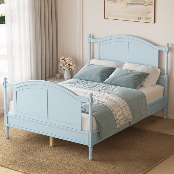 Mintazer Full Size Farmhouse Platform Bed Frame with Arched Panel Headboard & Footboard, Cottage Panel Bed Frame with Spindle Posts & Slat Support for Bedroom Guest Room, Light Blue