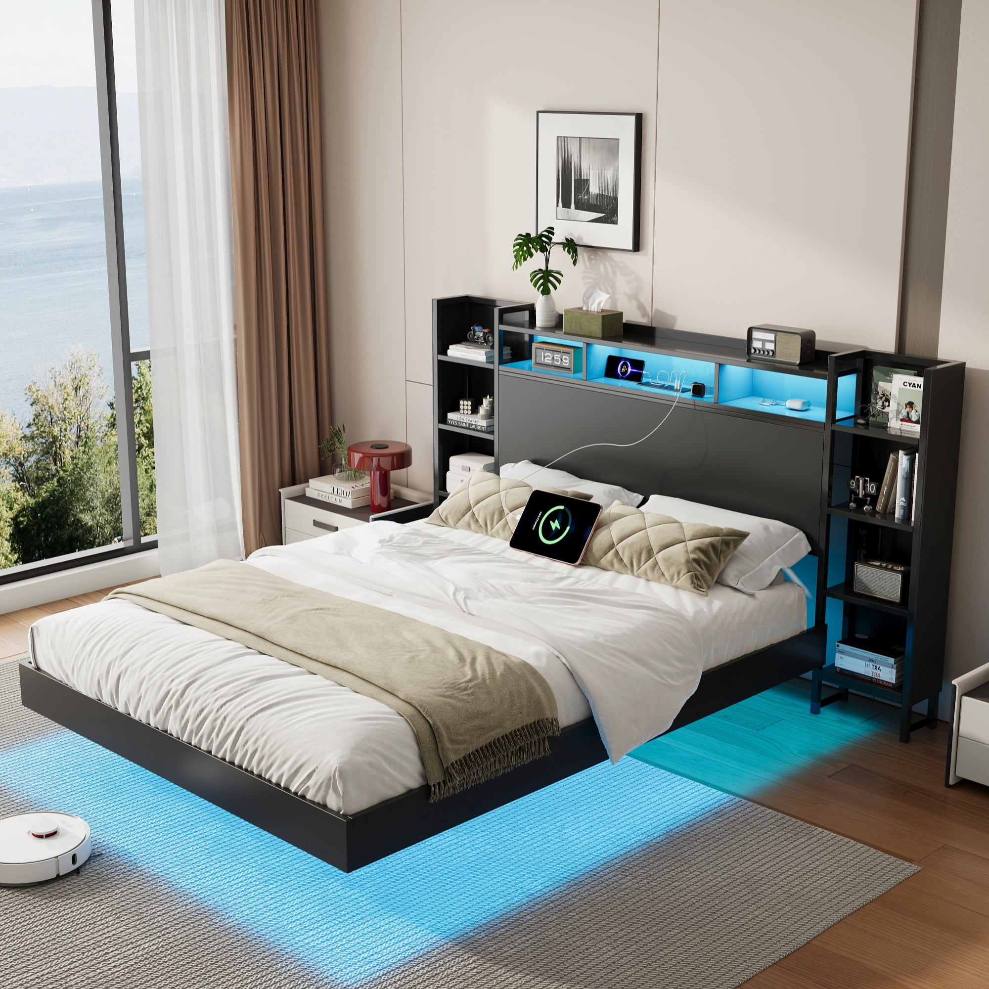 Mintazer Full Size Floating Bed Frame with LED Bookshelf Headboard & Charging Station, Modern Platform Bed for Bedroom Guest Room, Black