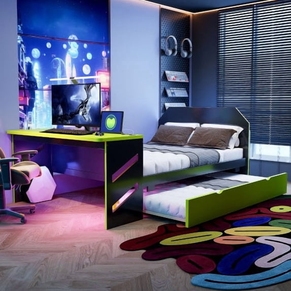 Mintazer Full Size Gaming Daybed with Pull-Out Twin Size Trundle & Desk, Platform Bed Frame with USB for Bedroom Dorm, Black & Green