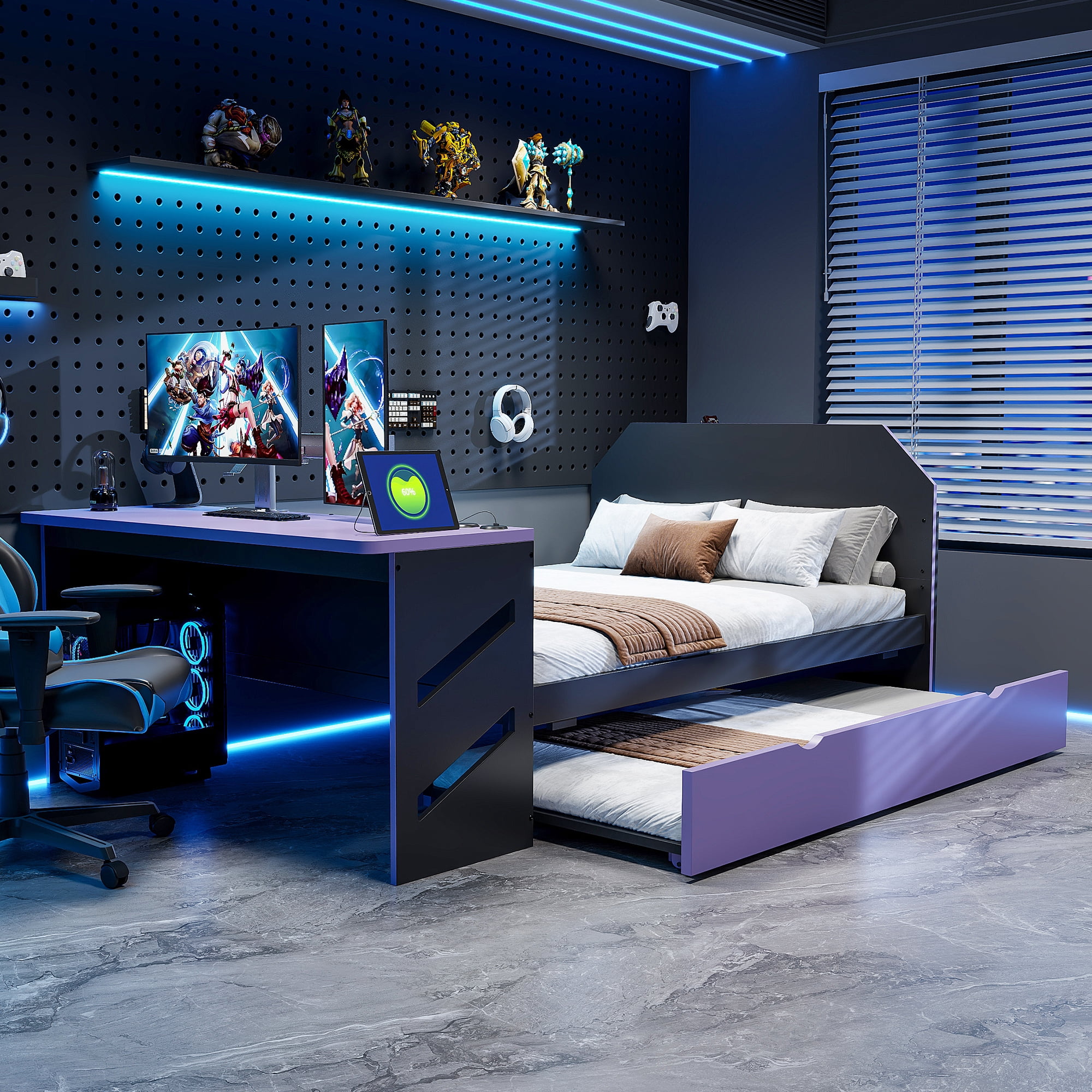 Mintazer Full Size Gaming Daybed with Pull-Out Twin Size Trundle & Desk, Platform Bed Frame with USB for Bedroom Dorm, Black & Purple