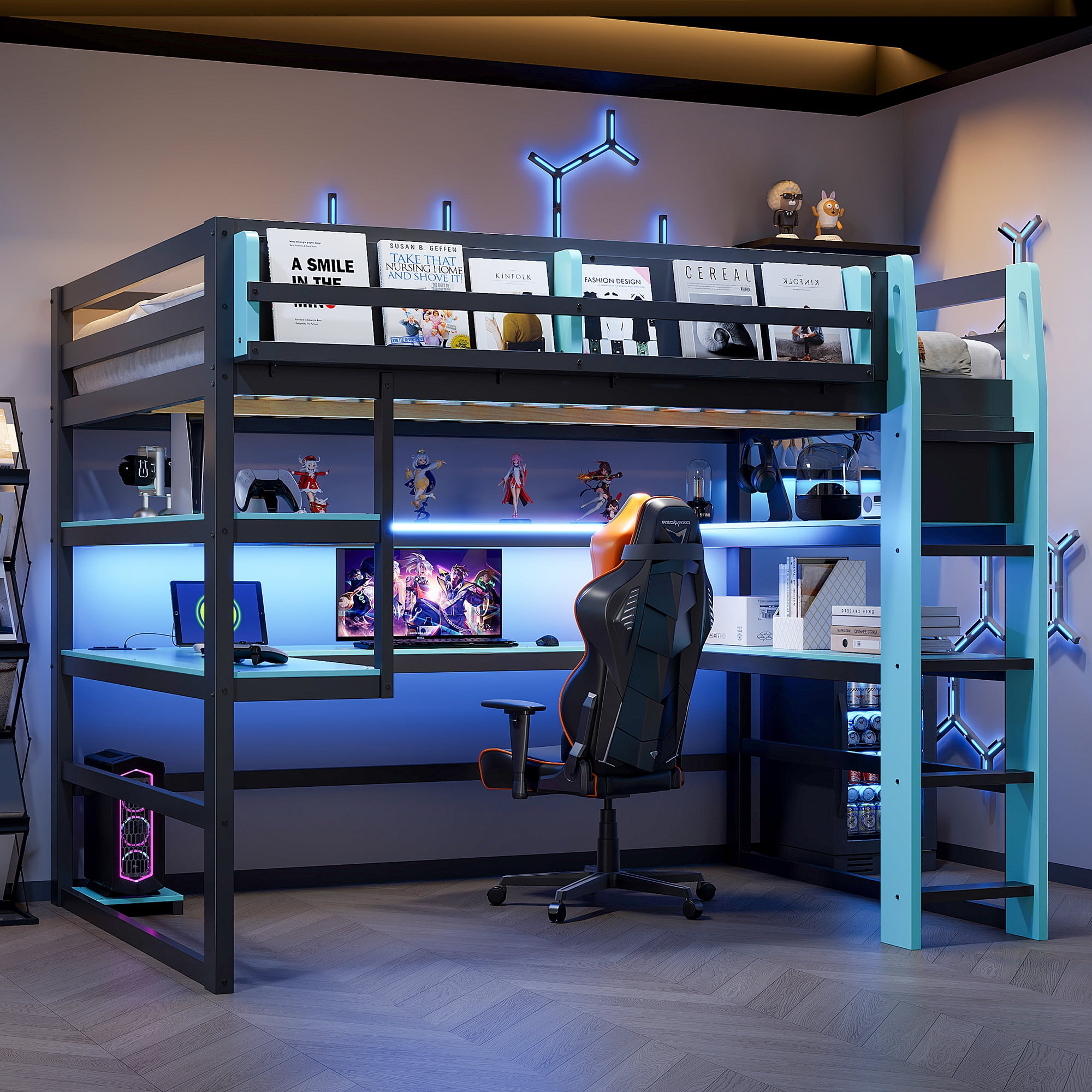 Mintazer Full Size Gaming Loft Bed with U-Shaped Desk & LED Lights, Modern Bed Frame with Shelves & Charging Station for Dorm Bedroom Apartment, Black & Blue