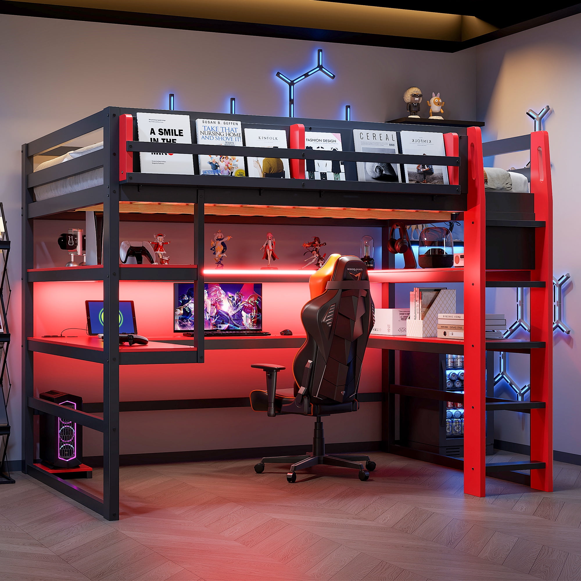 Mintazer Full Size Gaming Loft Bed with U-Shaped Desk & LED Lights, Modern Bed Frame with Shelves & Charging Station for Dorm Bedroom Apartment, Black & Red
