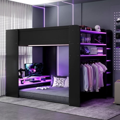Mintazer Full Size Gaming Loft Bed with Adjustable Desk & Open Wardrobe, Esports Loft Bed with Multi-Tier Storage Shelves, Black