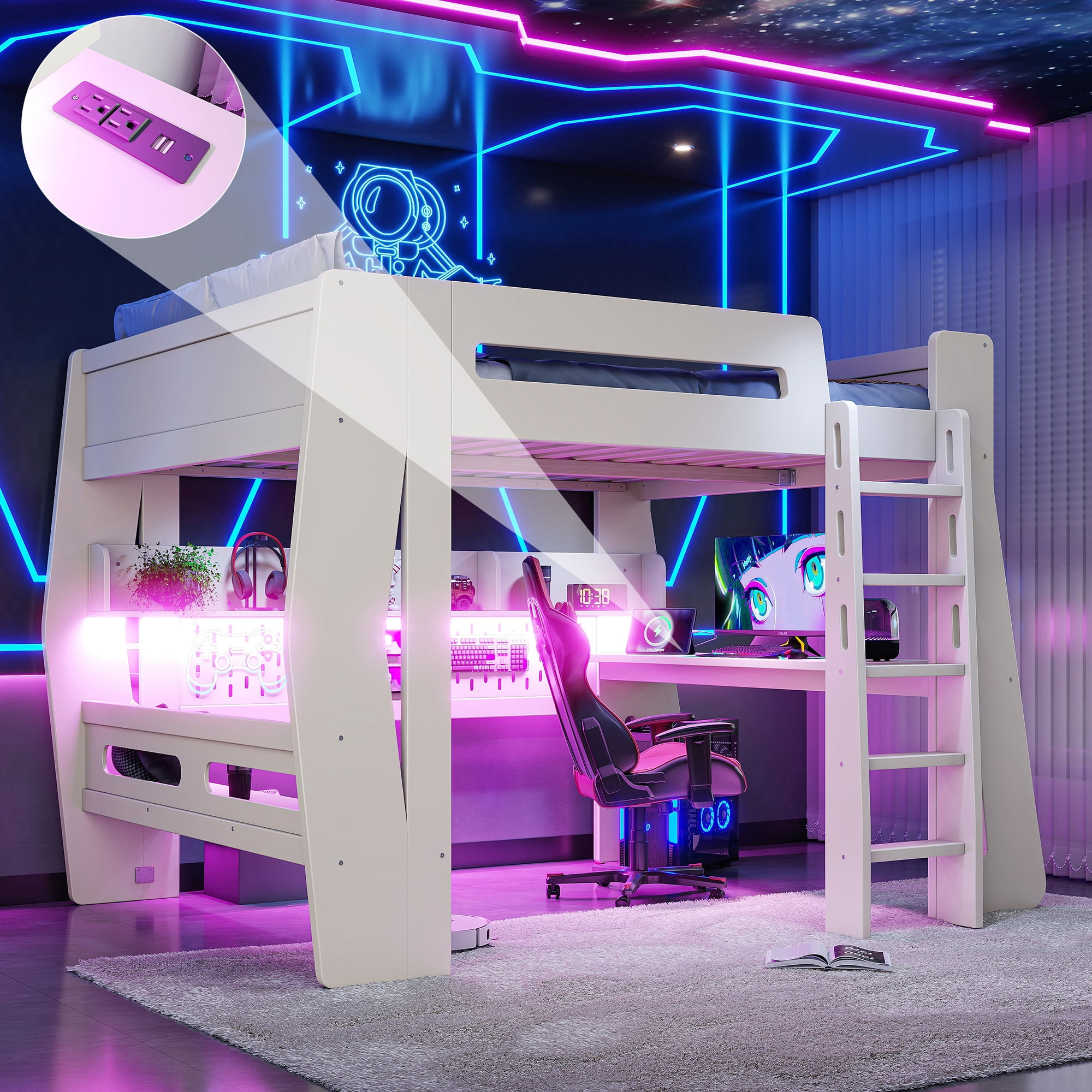 Mintazer Full Size Gaming Loft Bed with Desk & LED Ambient Light, Esports Loft Bed with Storage Shelves & Power Outlet for Teens Bedroom, Beige