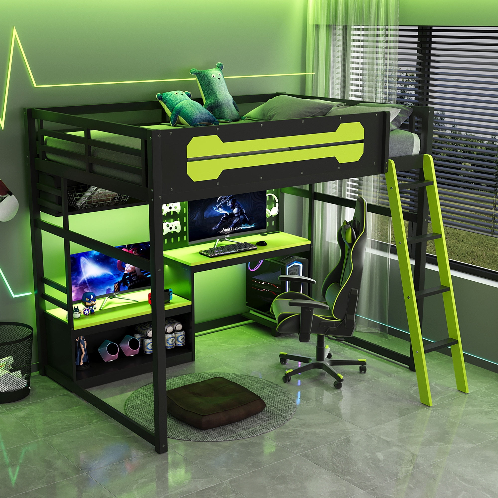 Mintazer Full Size Gaming Loft Bed with LED Lights, Charging Station, Desk, Pegboard and Storage Shelves for Boys Girls, Black & Green