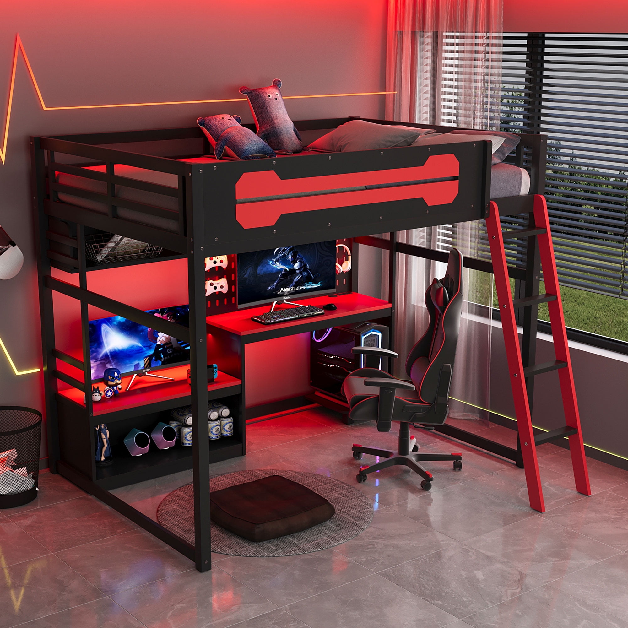 Mintazer Full Size Gaming Loft Bed with LED Lights, Charging Station, Desk, Pegboard and Storage Shelves for Boys Girls, Black & Red