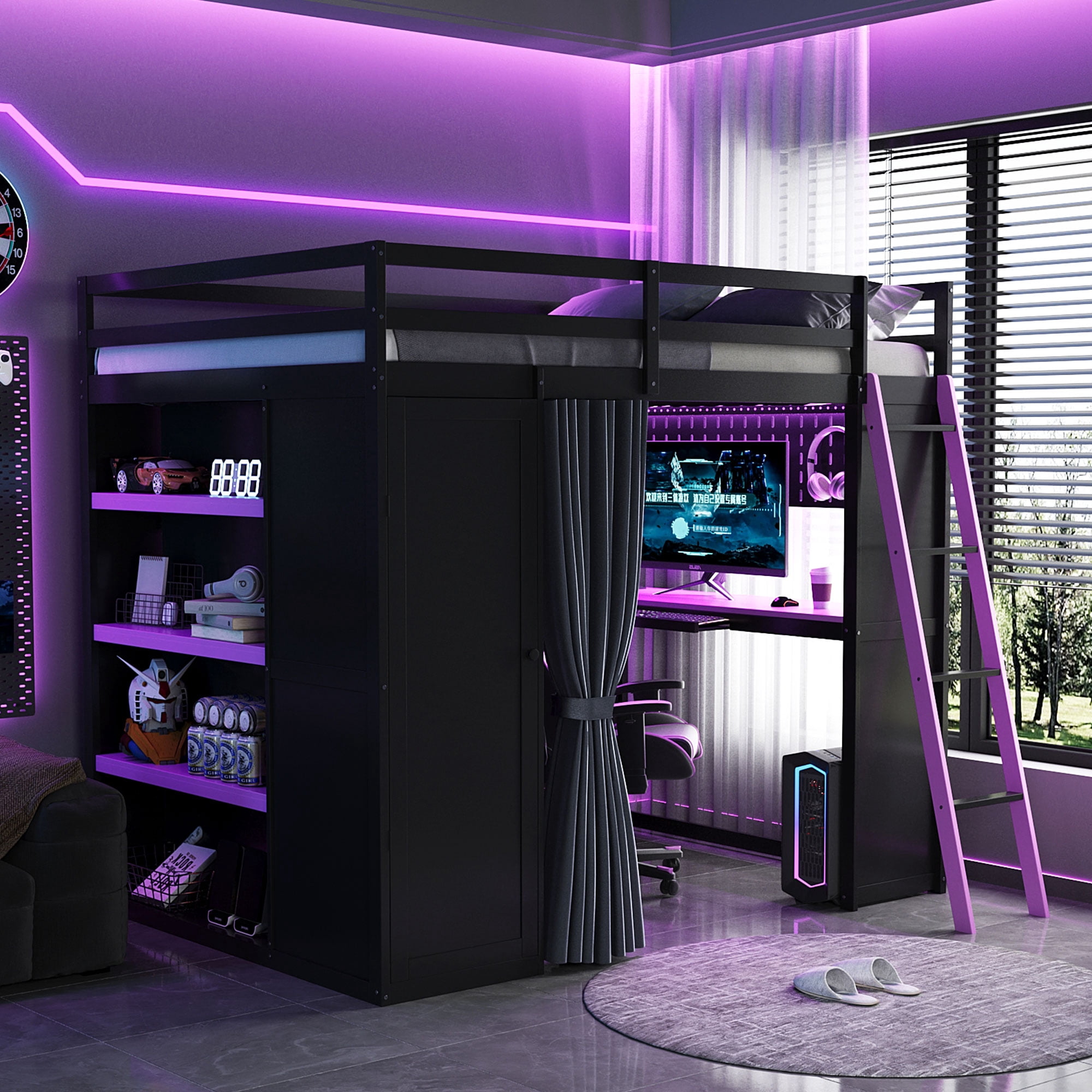 Mintazer Full Size Gaming Loft Bed with Workstation Desk & Wardrobe, Multifunctional Metal Loft Bed with Pegboard & Blackout Curtains, Black & Purple