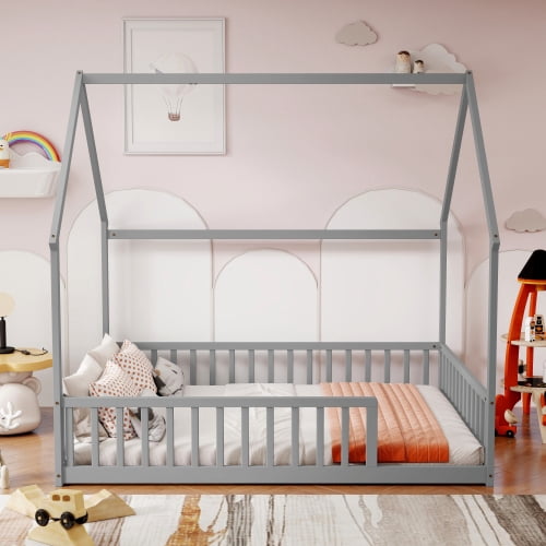 Mintazer Full Size House Toddler Floor Bed with Guardrails, Kids Montessori Low Bed with Roof Frame for Bedroom Playroom, Gray