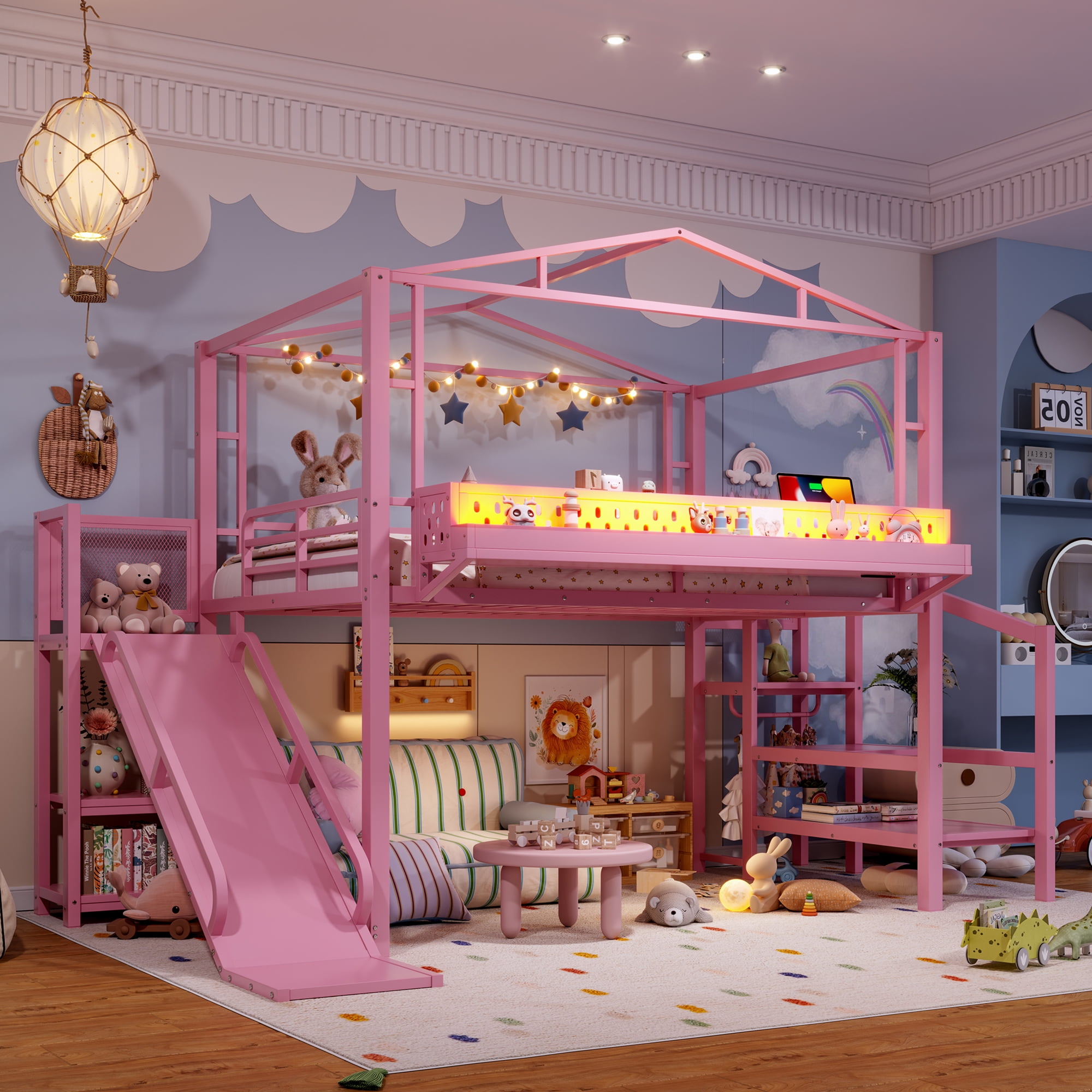 Mintazer Full Size Kids Metal House Loft Bed with Slide & Wardrobe, Metal Loft Bed Frame with LED Lights & Storage Stairs, Pink