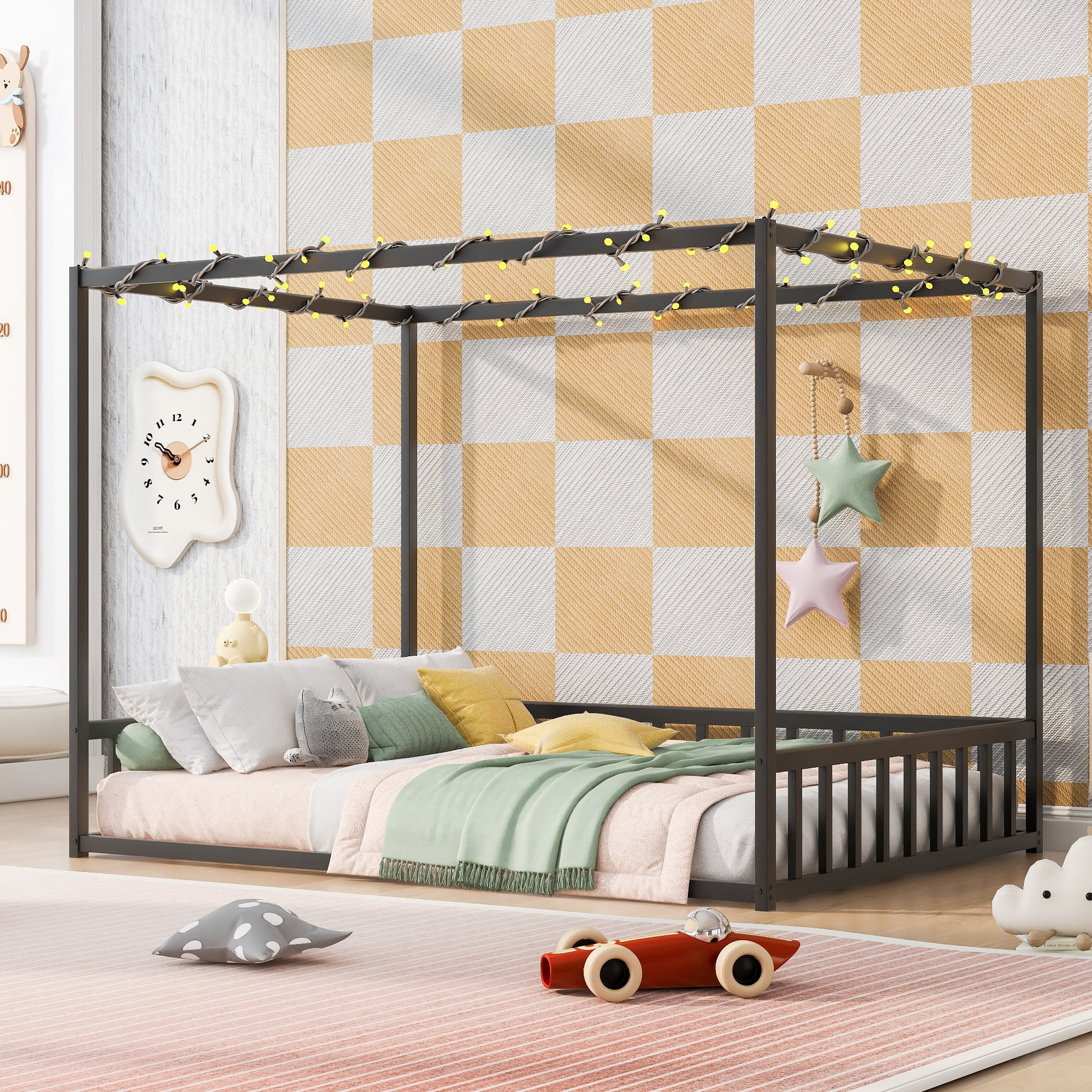 Mintazer Full Size Kids Sunshade Floor Bed Frame with Guardrails, Canopy Floor Bed for Low Profile, Black