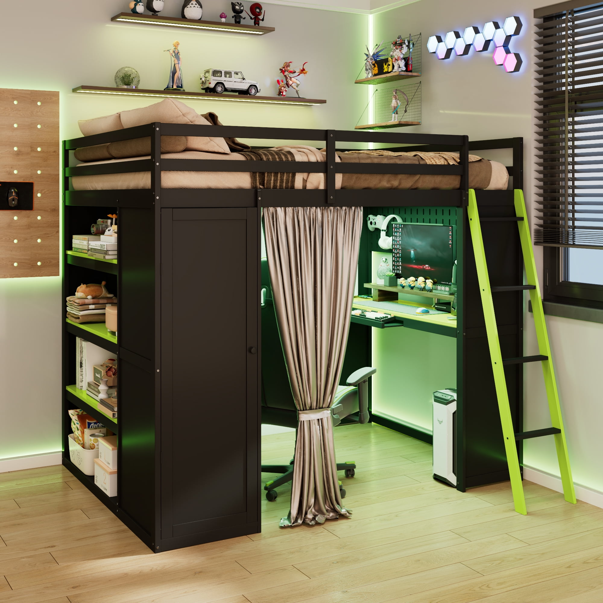 Mintazer Full Size Loft Bed with Wardrobe, Storage Shelves, Desk, Blackout Curtains, Charging Station & Lights Game Bed Frame for Teens, Black & Green