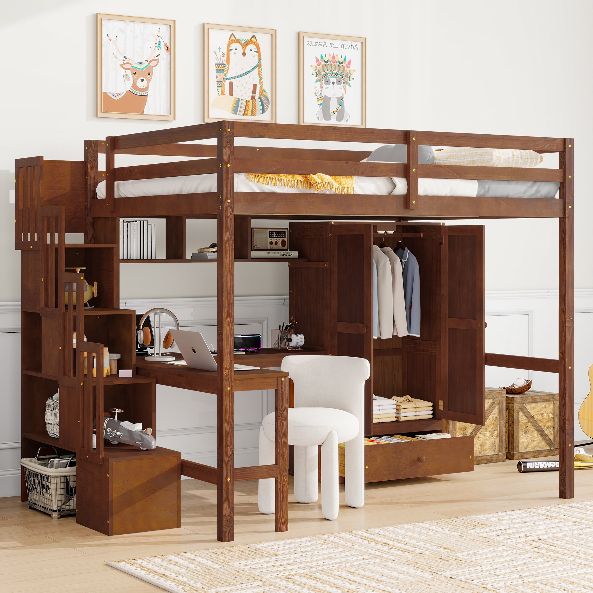 Mintazer Full Size Loft Bed with L-Shaped Desk & Wardrobe, Loft Bed with Storage Staircase & Charging Station, Walnut