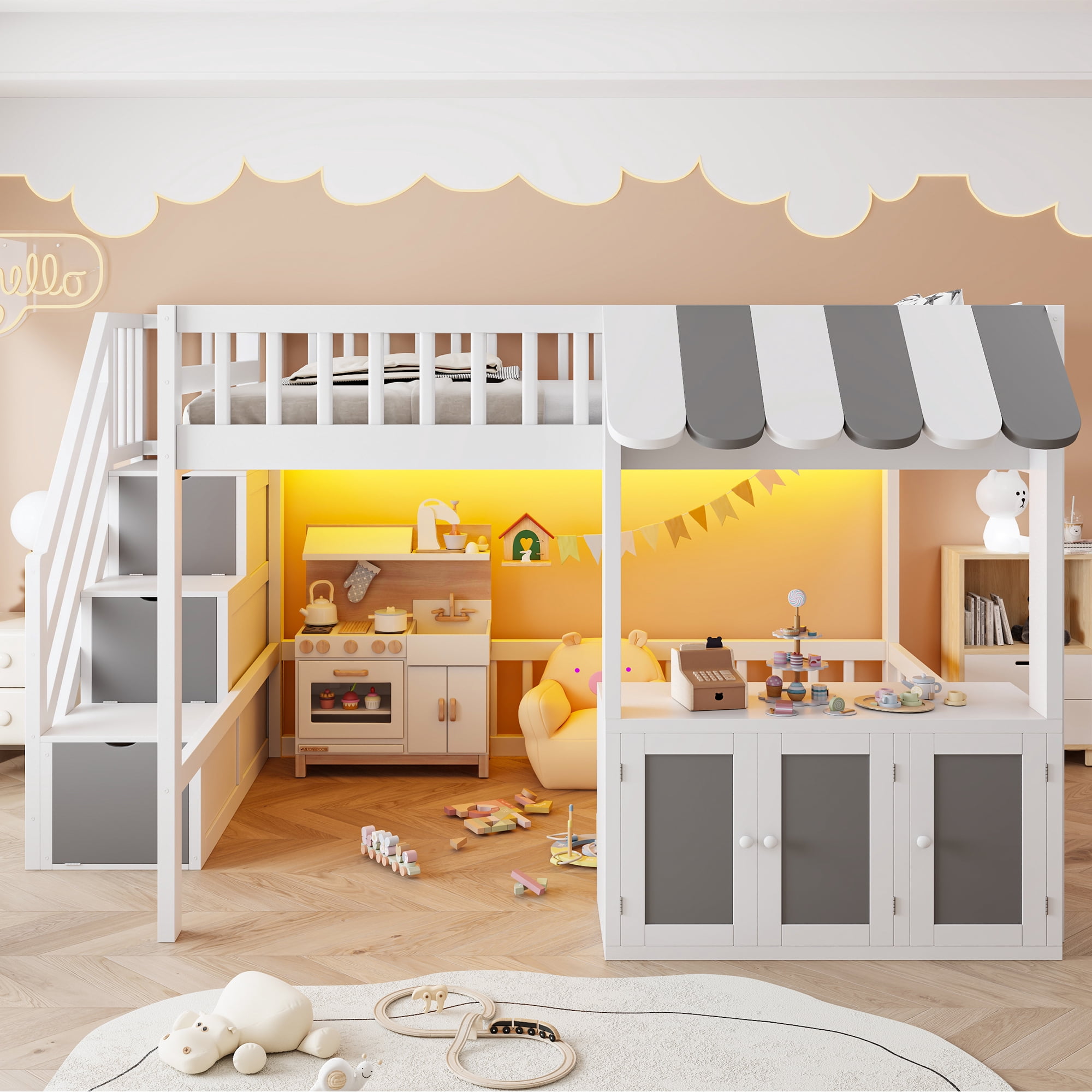 Mintazer Full Size Loft Bed with Play Storefront & LED Lights, Kids Loft Bed with Guardrail and Storage Staircase & Cabinet for Bedroom, White & Gray