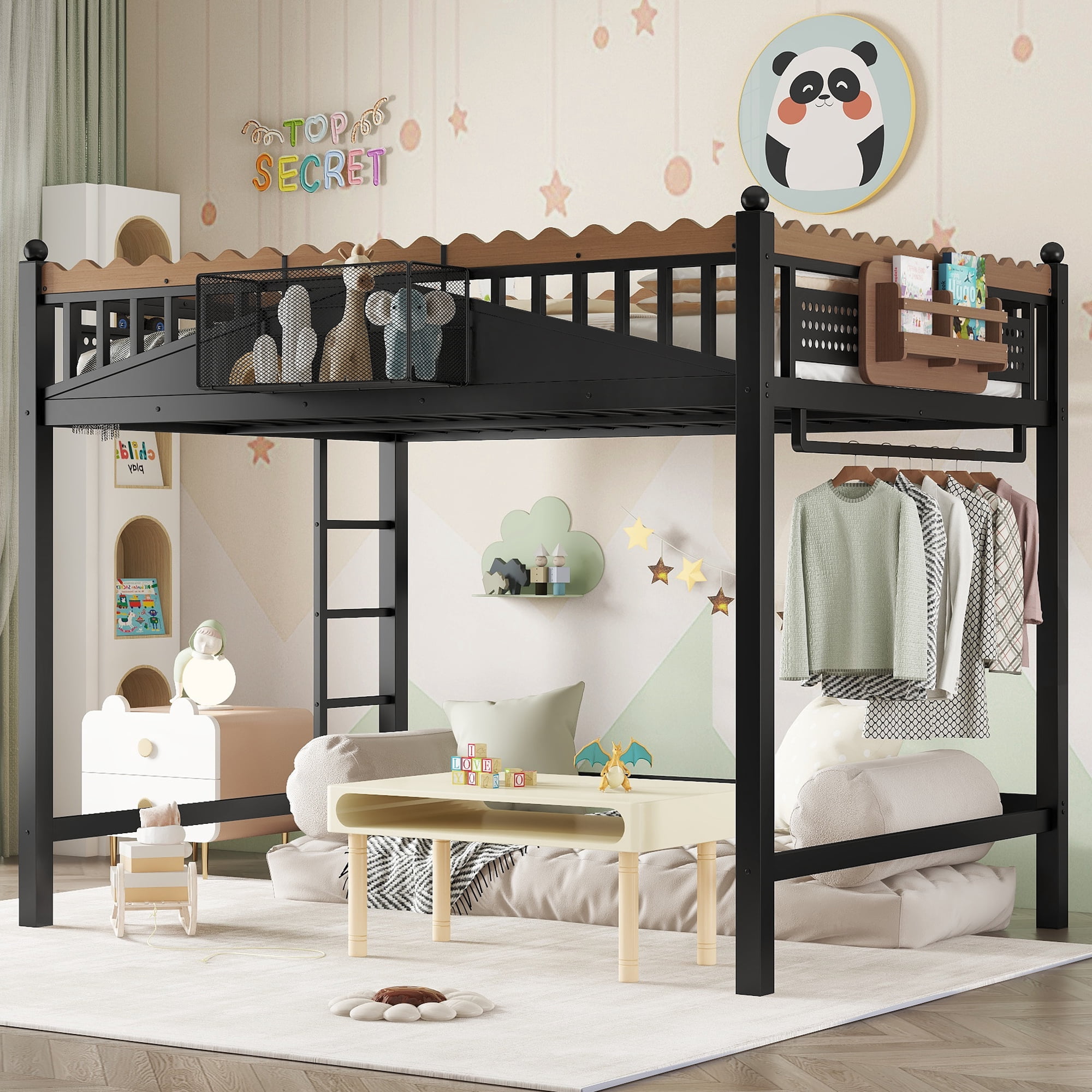 Mintazer Full Size Metal Loft Bed with Ladder & Storage Shelves, Kids Loft Bed with Guardrail & Bookshelf, Black