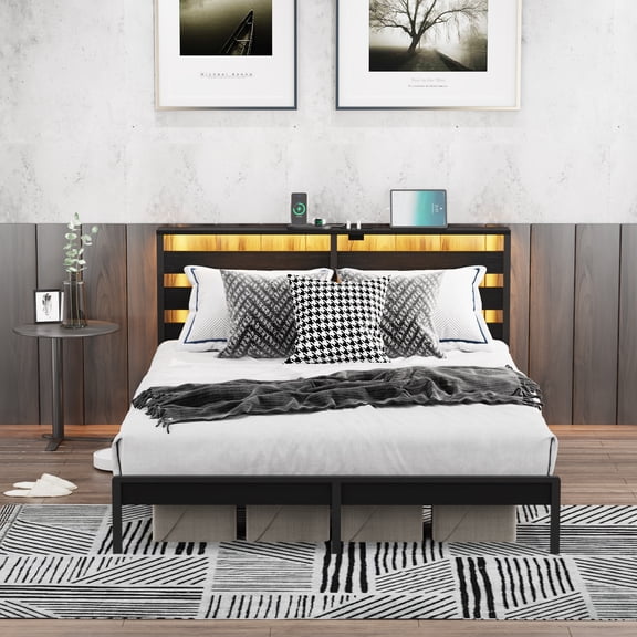 Mintazer Full Size Metal Platform Bed Frame with LED Light Headboard and Under-Bed Stroage for Bedroom, Black