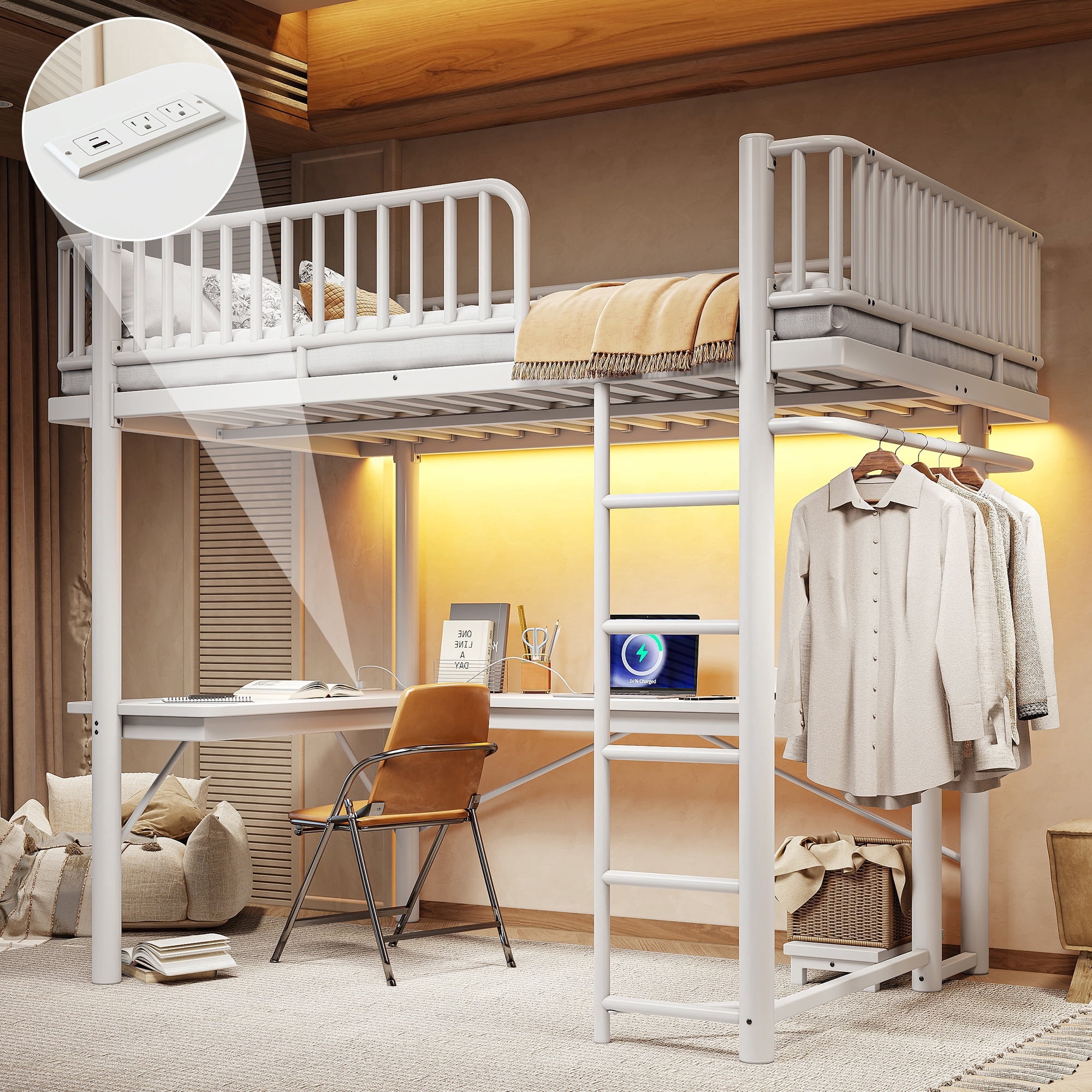 Mintazer Full Size Metal Platform Loft Bed with L-Shaped Desk, LED Lights, Charging Station, Hanging Pipe, Safety Rail & PC Tray, White