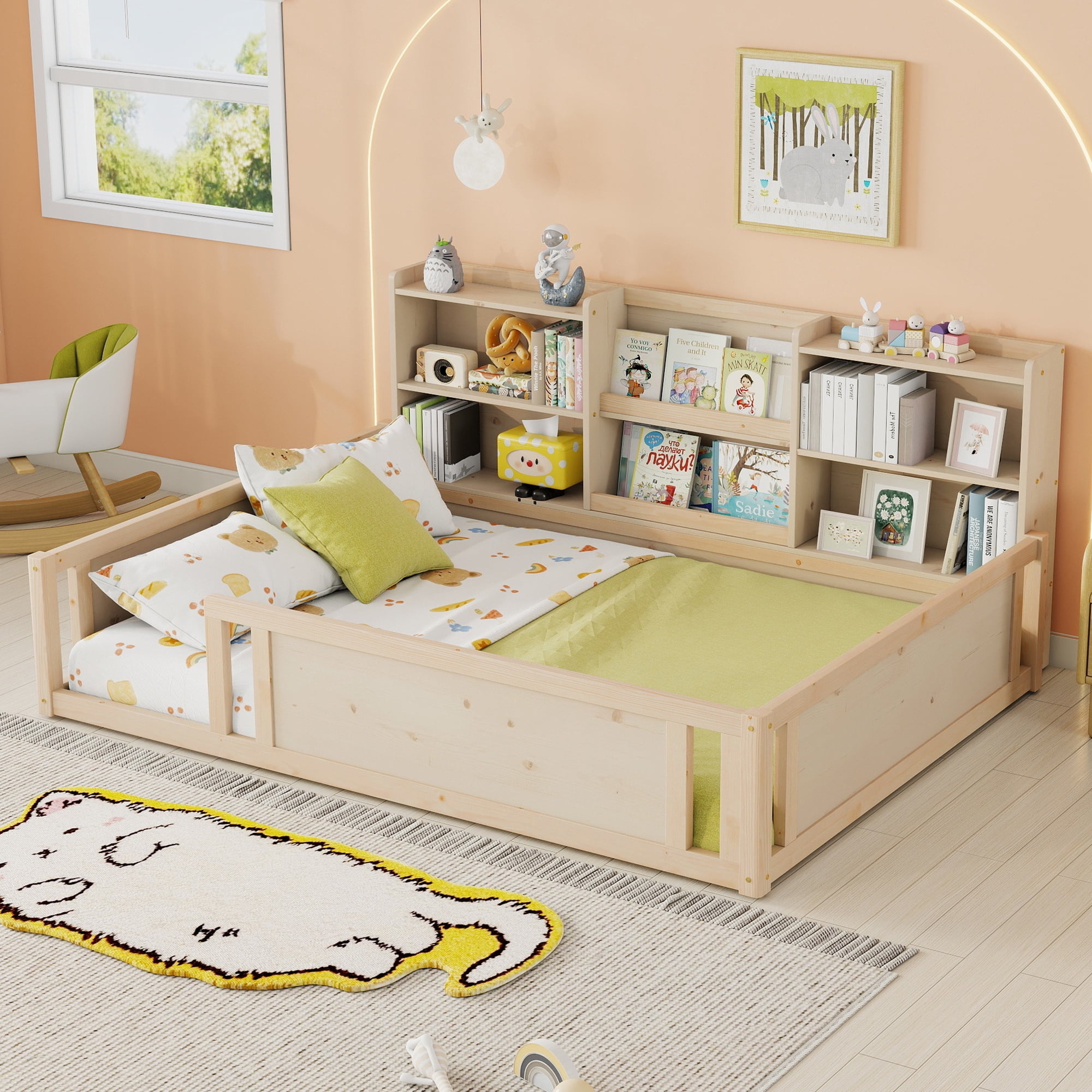 Mintazer Full Size Montessori Floor Bed with Bookcase Headboard & Guardrails, Kids Platform Bed Frame with 6 Cubby Storage Shelves for Bedroom, Natural