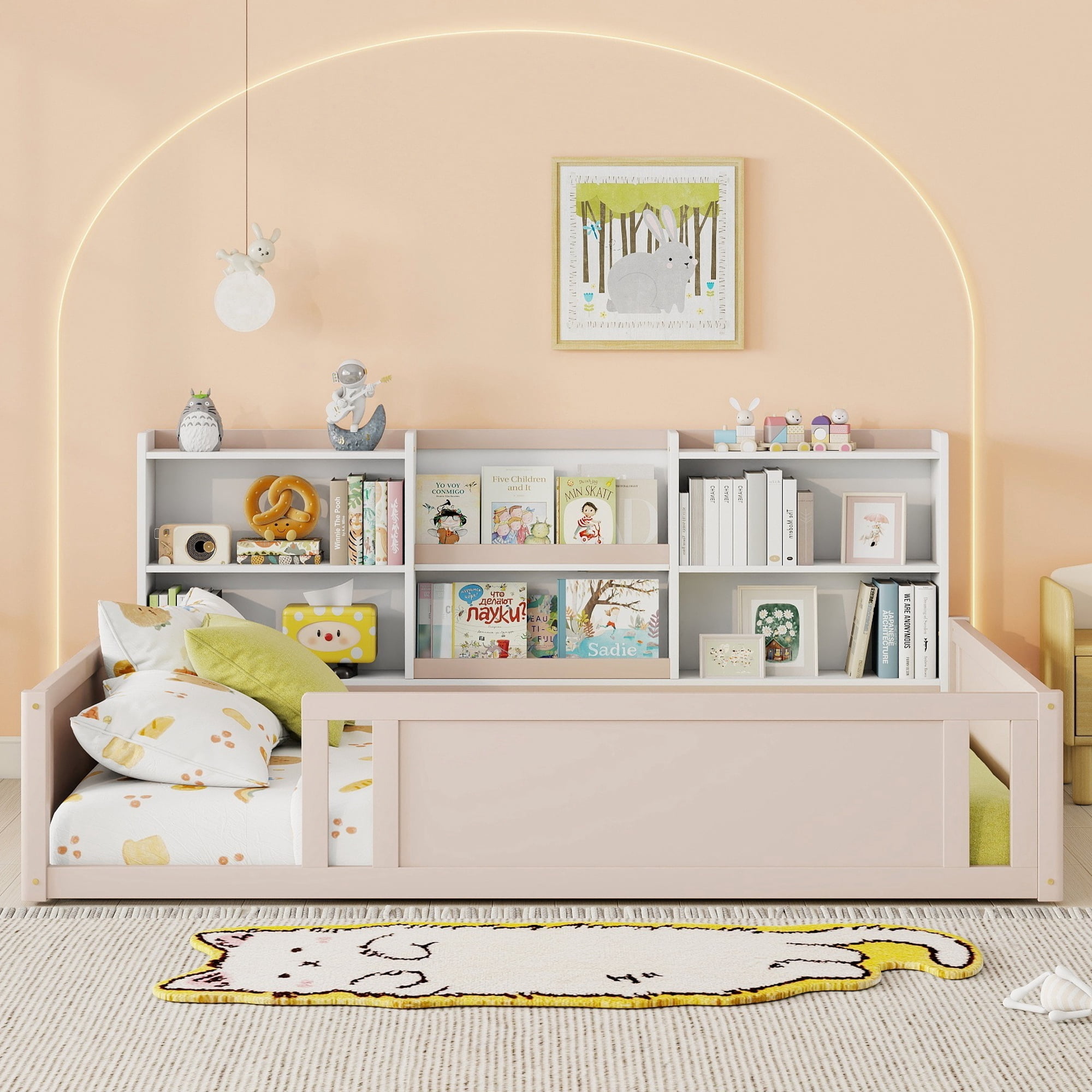Mintazer Full Size Montessori Floor Bed with Bookcase Headboard & Guardrails, Kids Platform Bed Frame with 6 Cubby Storage Shelves for Bedroom, White & Natural