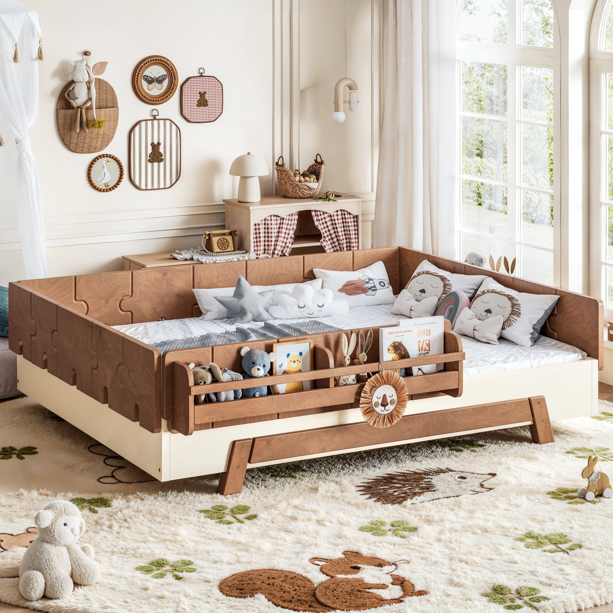 Mintazer Full Size Montessori Floor Bed Frame, Kids Puzzle Block Design Platform Bed with Guardrails & Bookshelf for Bedroom, Brown & Beige