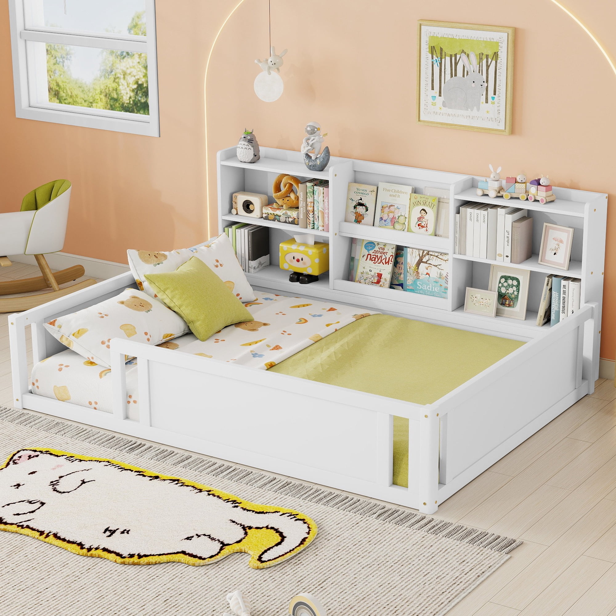 Mintazer Full Size Montessori Floor Bed with Bookcase Headboard & Guardrails, Kids Platform Bed Frame with 6 Cubby Storage Shelves for Bedroom, White
