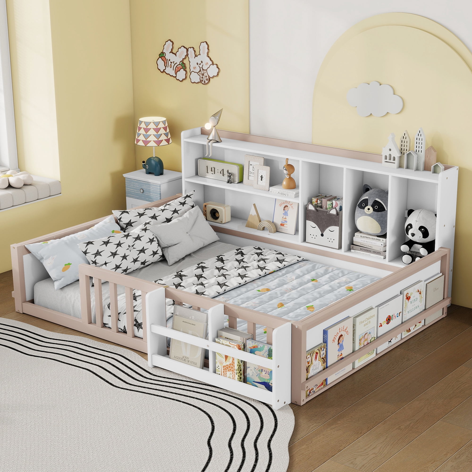 Mintazer Full Size Montessori Floor Bed with Bookshelf & Guardrails, Kids Platform Bed Frame with Storage Cubbies for Bedroom, White & Natural